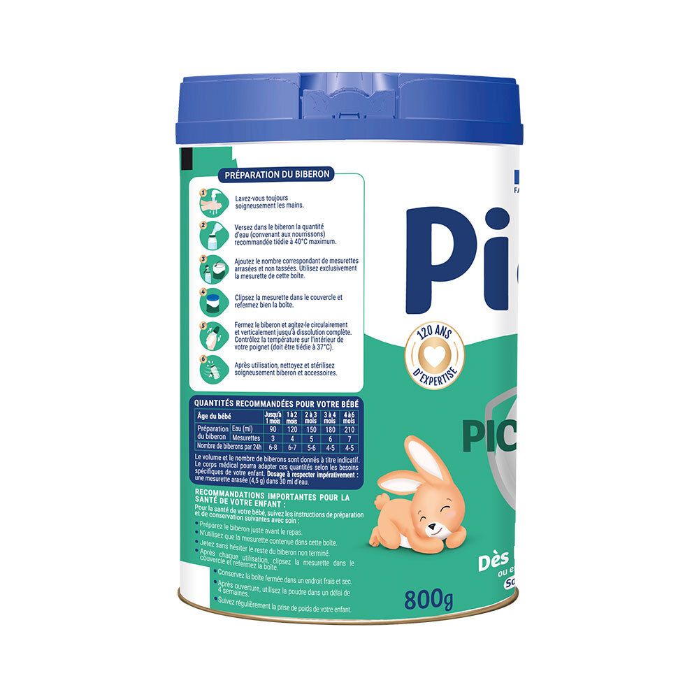 Dos de la boîte Picot Expert Picogest 1. Instructions de préparation du biberon. Recommandations de quantités.