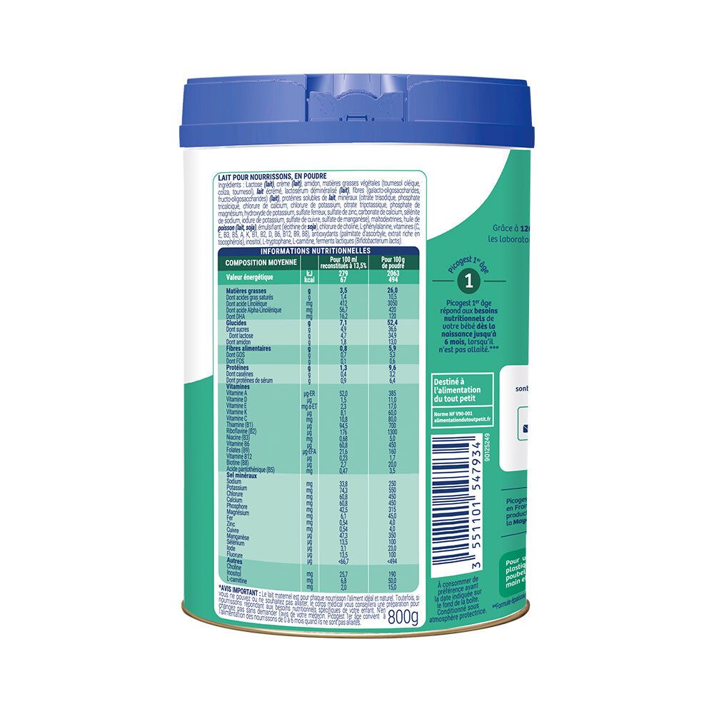 Dos de la boîte Picot Expert Picogest 1. Informations nutritionnelles. Ingrédients. Informations pour bébés.