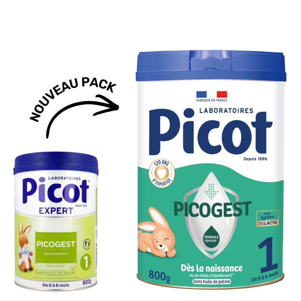 Deux boîtes Picot Expert Picogest 1. Une petite boîte et une grande boîte. Avec flèche et texte 'NOUVEAU'.