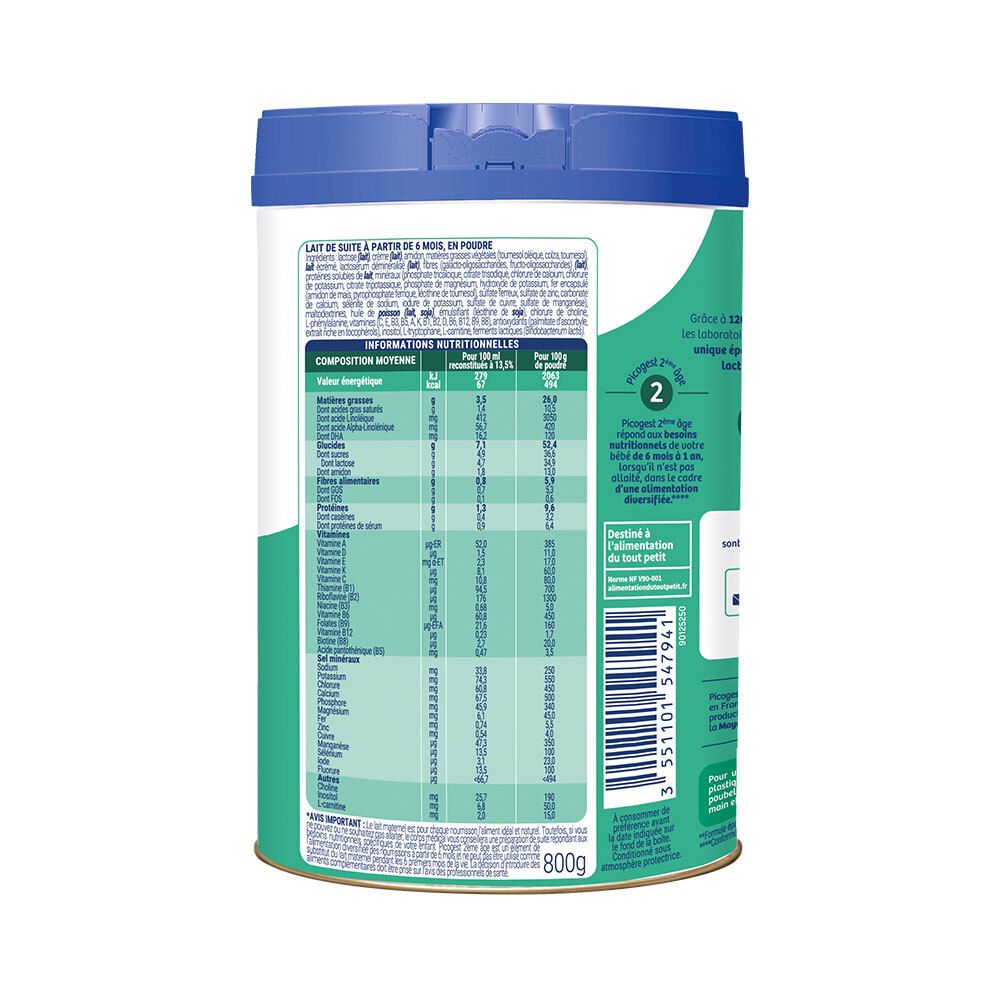 Dos de boîte de lait infantile. Informations nutritionnelles. Marque Picot. 800g. Emballage bleu et blanc.