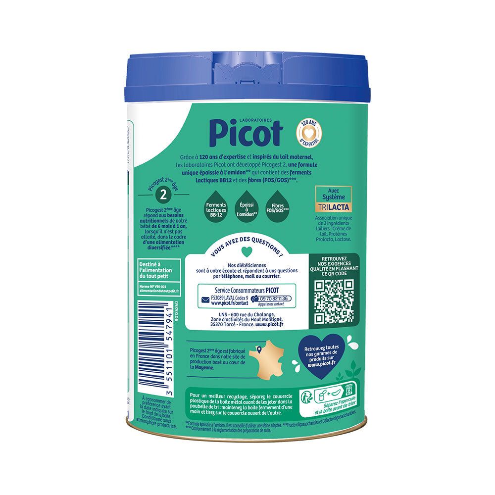 Dos de boîte de lait infantile. Informations Picot. Code QR. 800g. Emballage bleu et blanc.