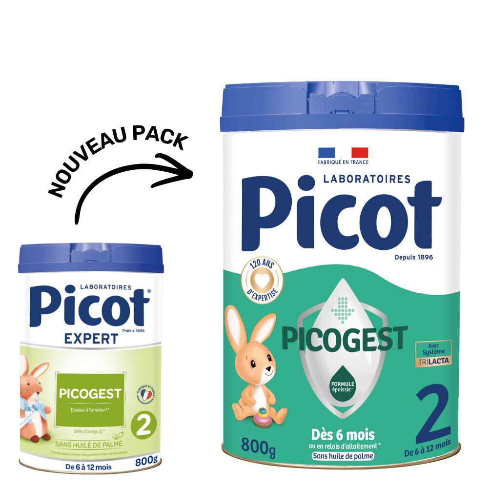 Deux boîtes de lait infantile. Marque Picot. PICOGEST 2. 800g. Emballage bleu et blanc. Nouveau pack.