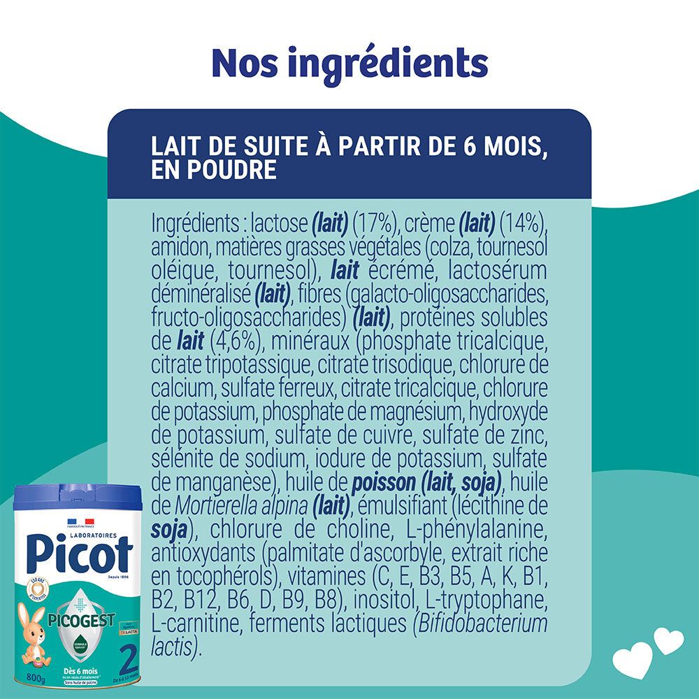 Liste des ingrédients pour le lait Picot Picogest 2 en poudre, fabriqué en France.