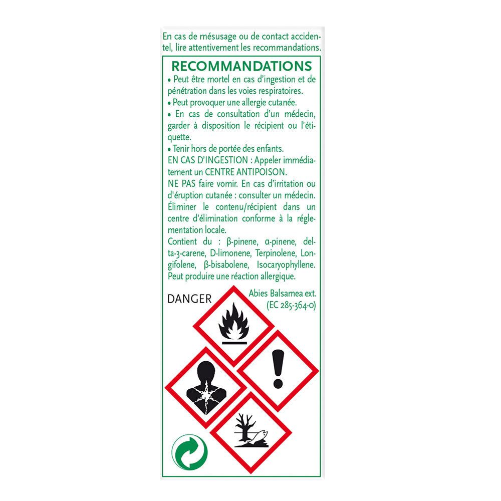 Dos de l'emballage de PHYTOSUN aroms HUILES ESSENTIELLES SAPIN BAUMIER BIO. Avertissements et ingrédients.