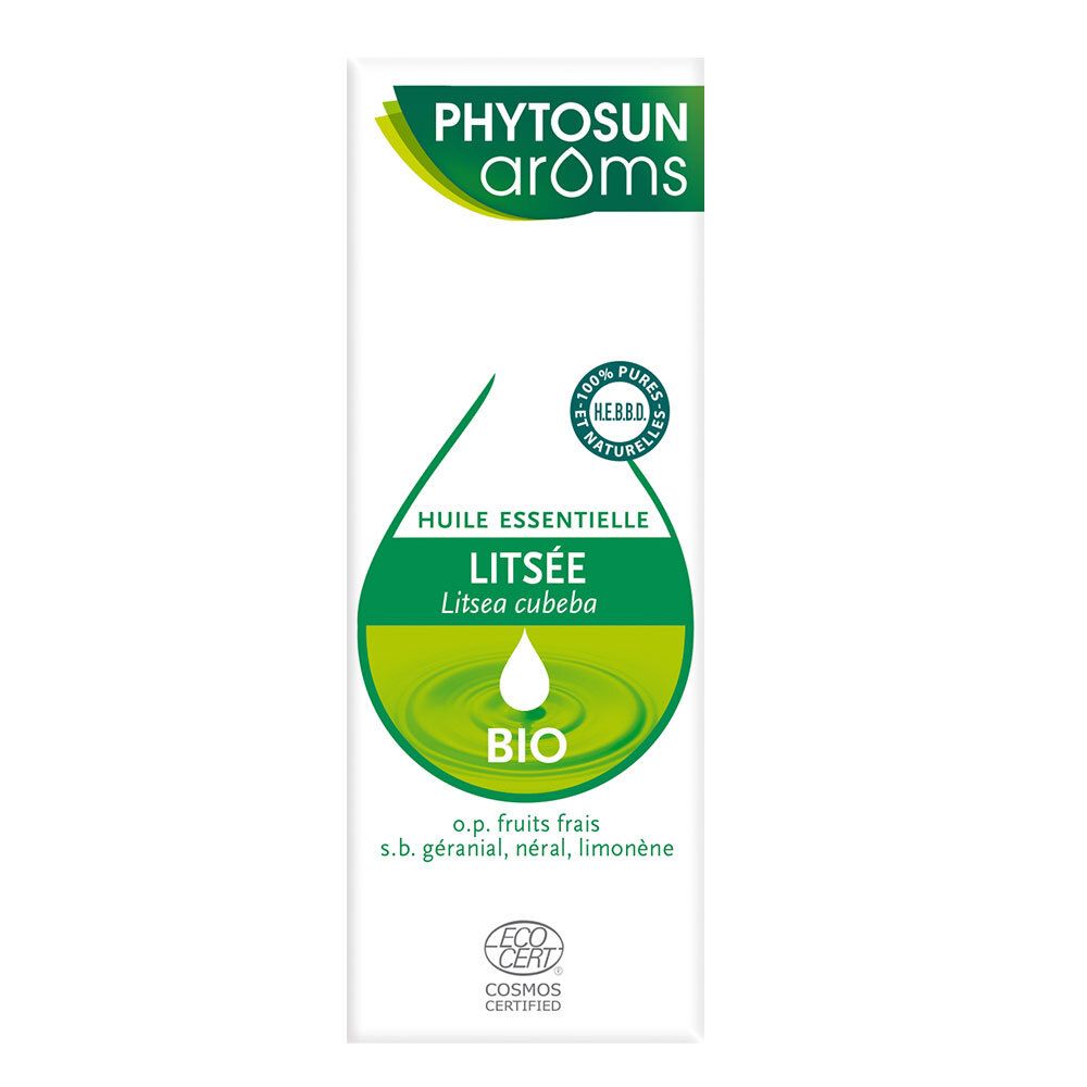 PHYTOSUN arôms Litsea BIO. Emballage blanc et vert. Texte : Huile essentielle, Litsea, BIO, ECO CERT.
