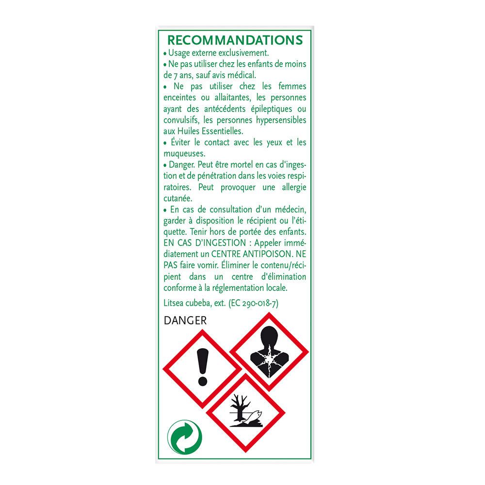 Dos de l'emballage PHYTOSUN arôms Litsea BIO. Texte : Recommandations, symboles de danger, symbole de recyclage.