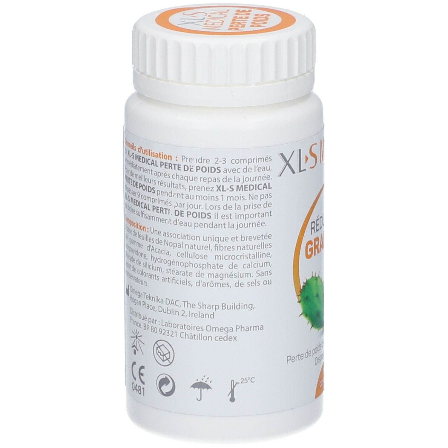 Dos du flacon blanc XLS Medical. Informations textuelles et logos. Contient ingrédients et mode d'emploi.