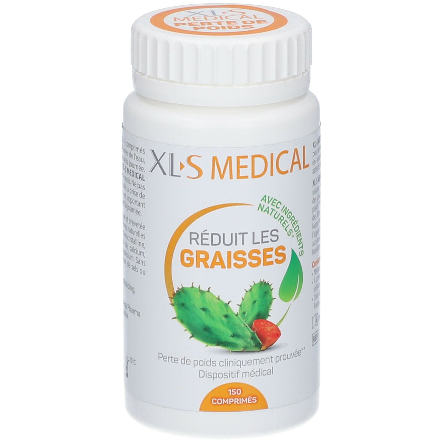 Flacon blanc XLS Medical. Inscription: Réduit les graisses. 150 comprimés. Illustration de cactus et fraise.