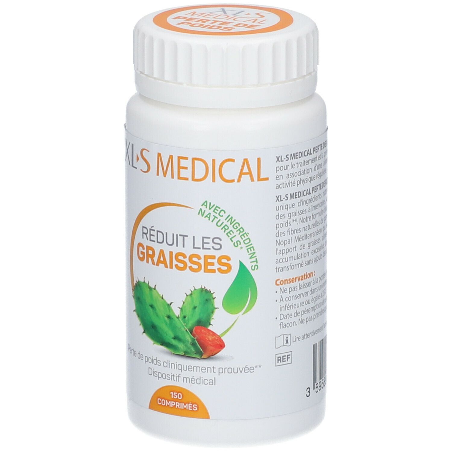 Flacon blanc XLS Medical. Inscription: Réduit les graisses. 150 comprimés. Illustration de cactus et fraise.
