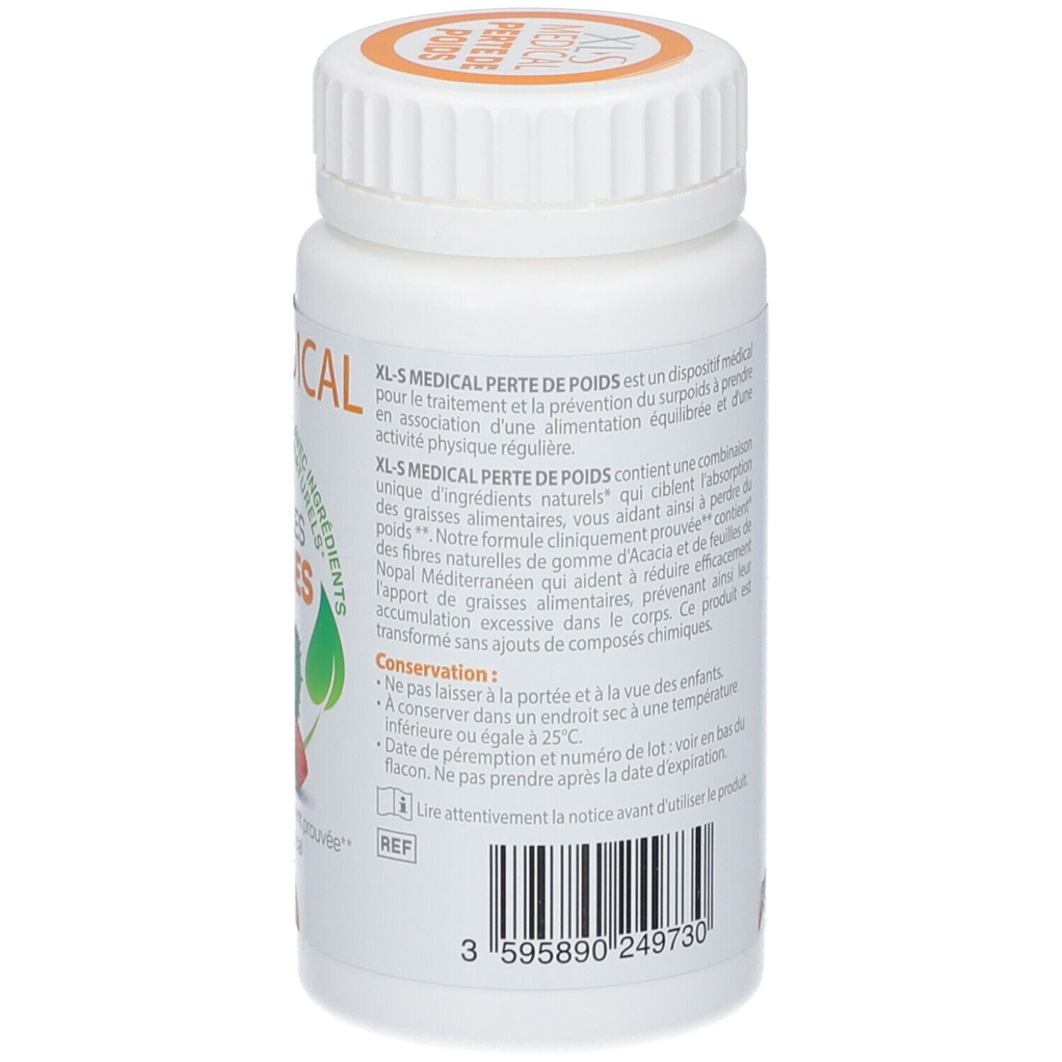 Dos du flacon blanc XLS Medical. Informations textuelles et logos. Contient ingrédients et mode d'emploi.