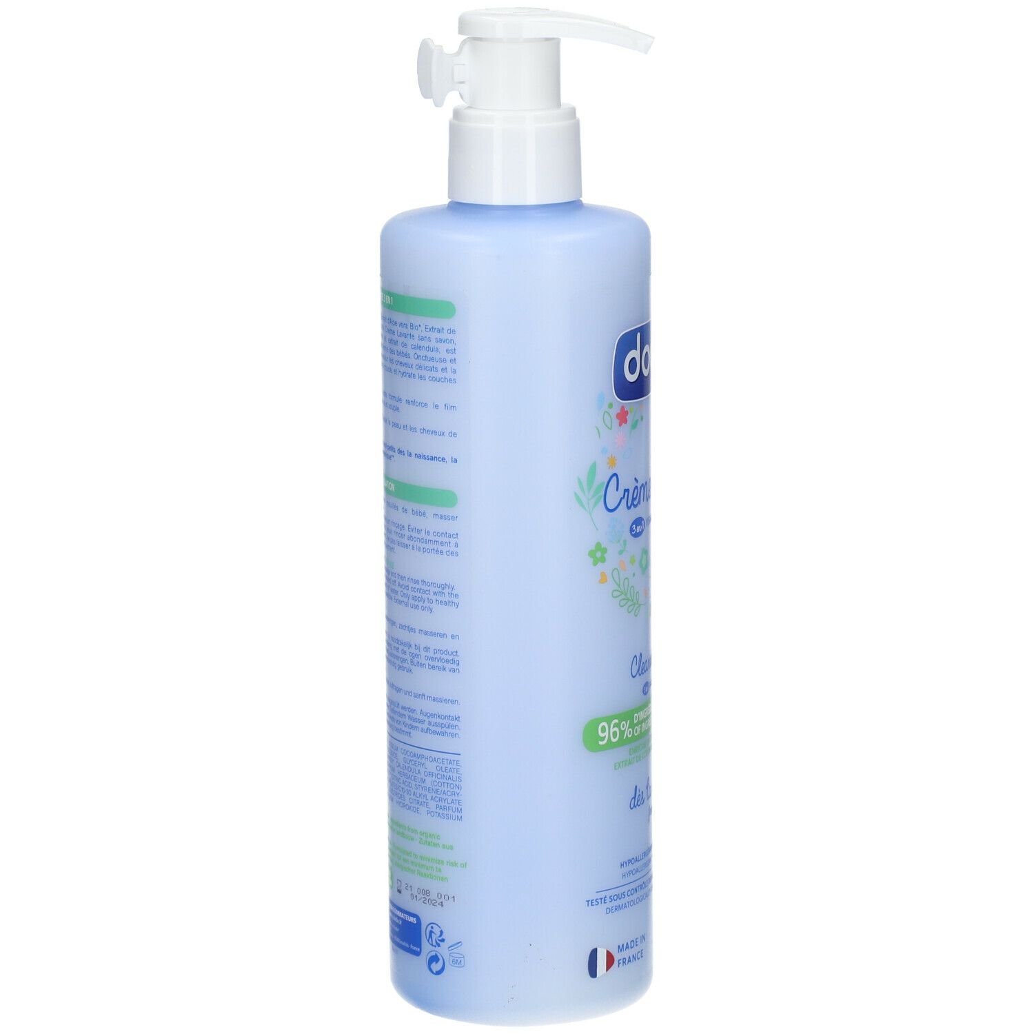 Flacon bleu clair avec pompe blanche, inscription 'Crème pour bébé'.