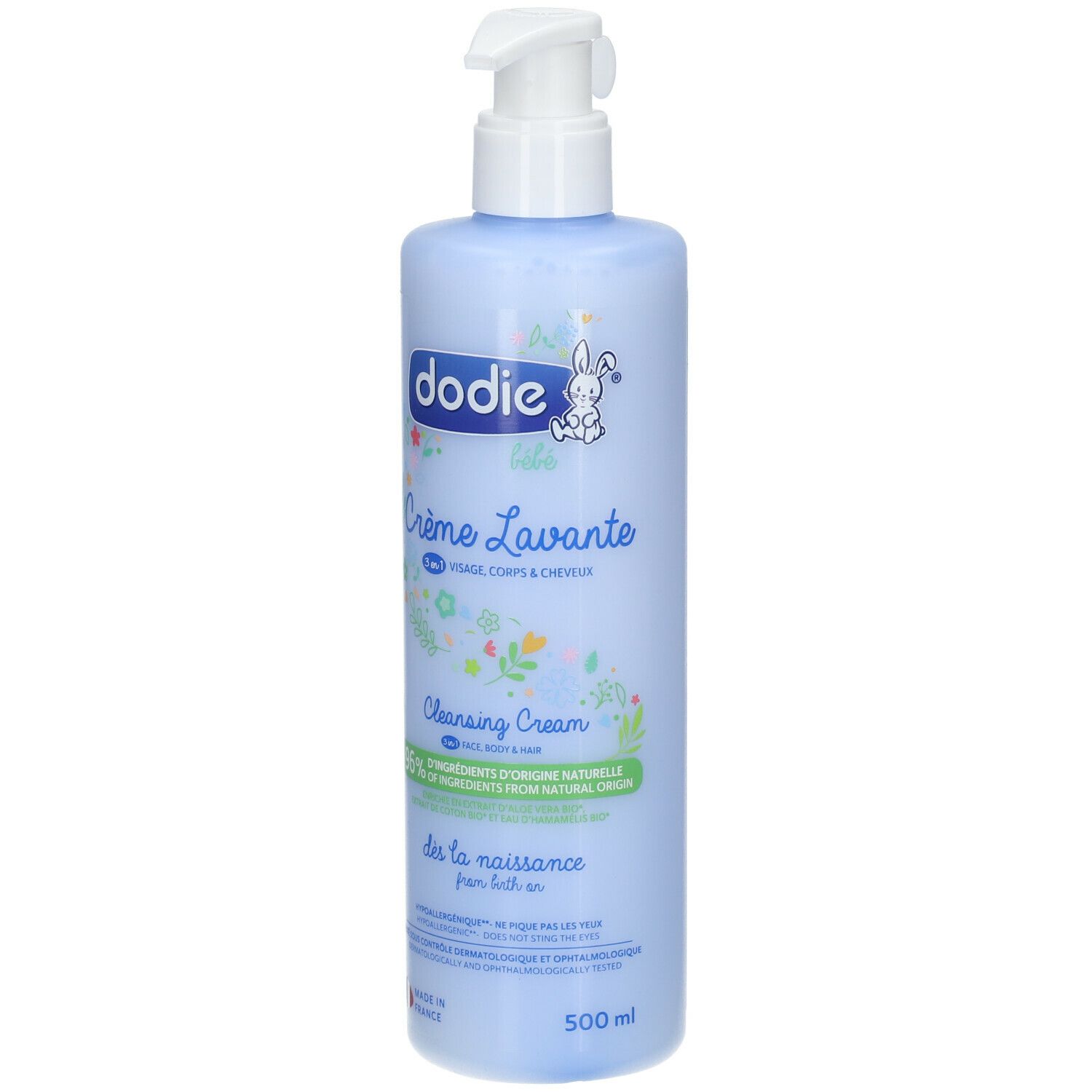 Flacon bleu avec pompe blanche, Dodie Crème Lavante, 500ml.