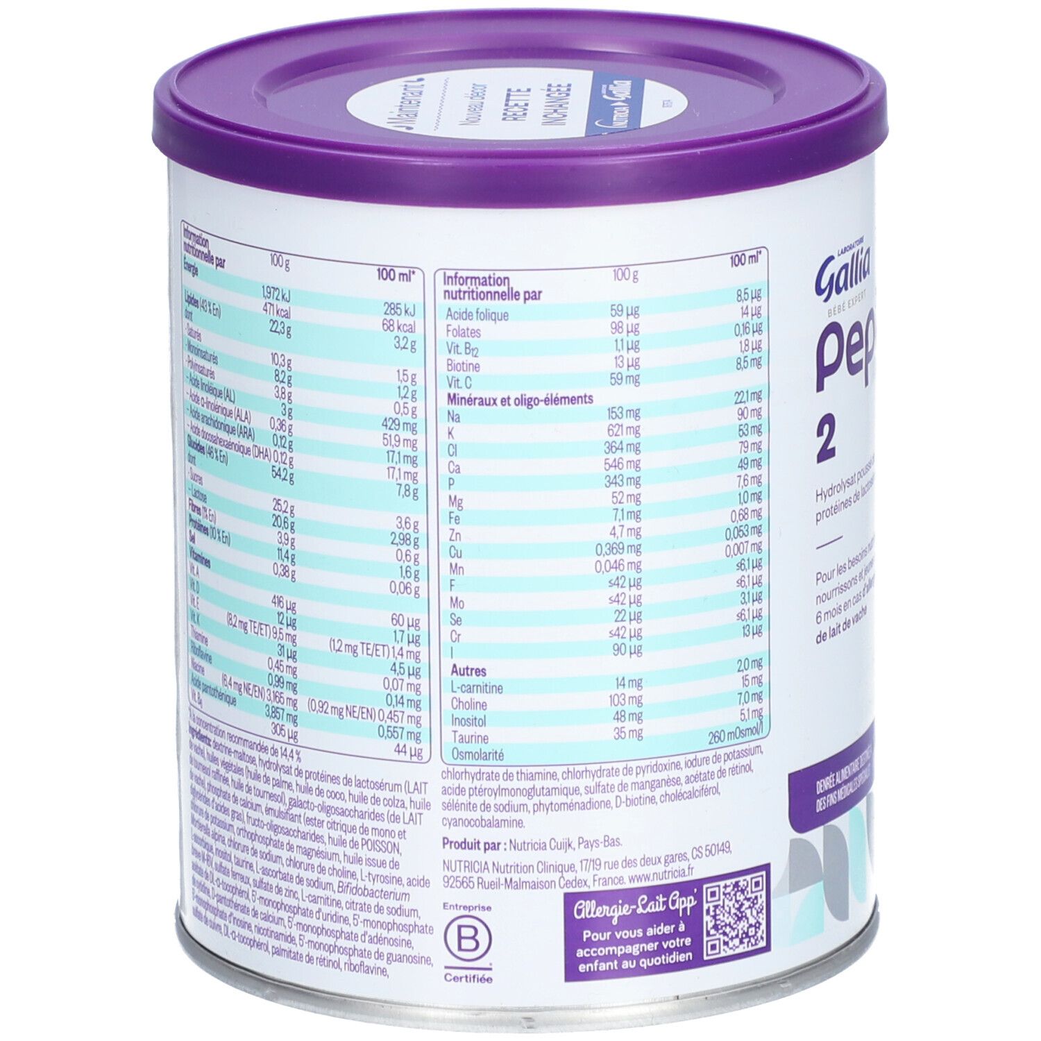 Dos de la boîte de lait infantile Gallia Pepticate 2. Informations nutritionnelles et instructions de préparation. 450g.