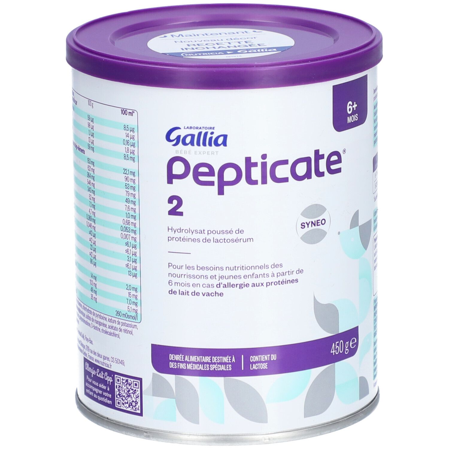 Boîte de lait infantile Gallia Pepticate 2, 6+ mois. Aliment en poudre à base d'hydrolysat de protéines. 450g.