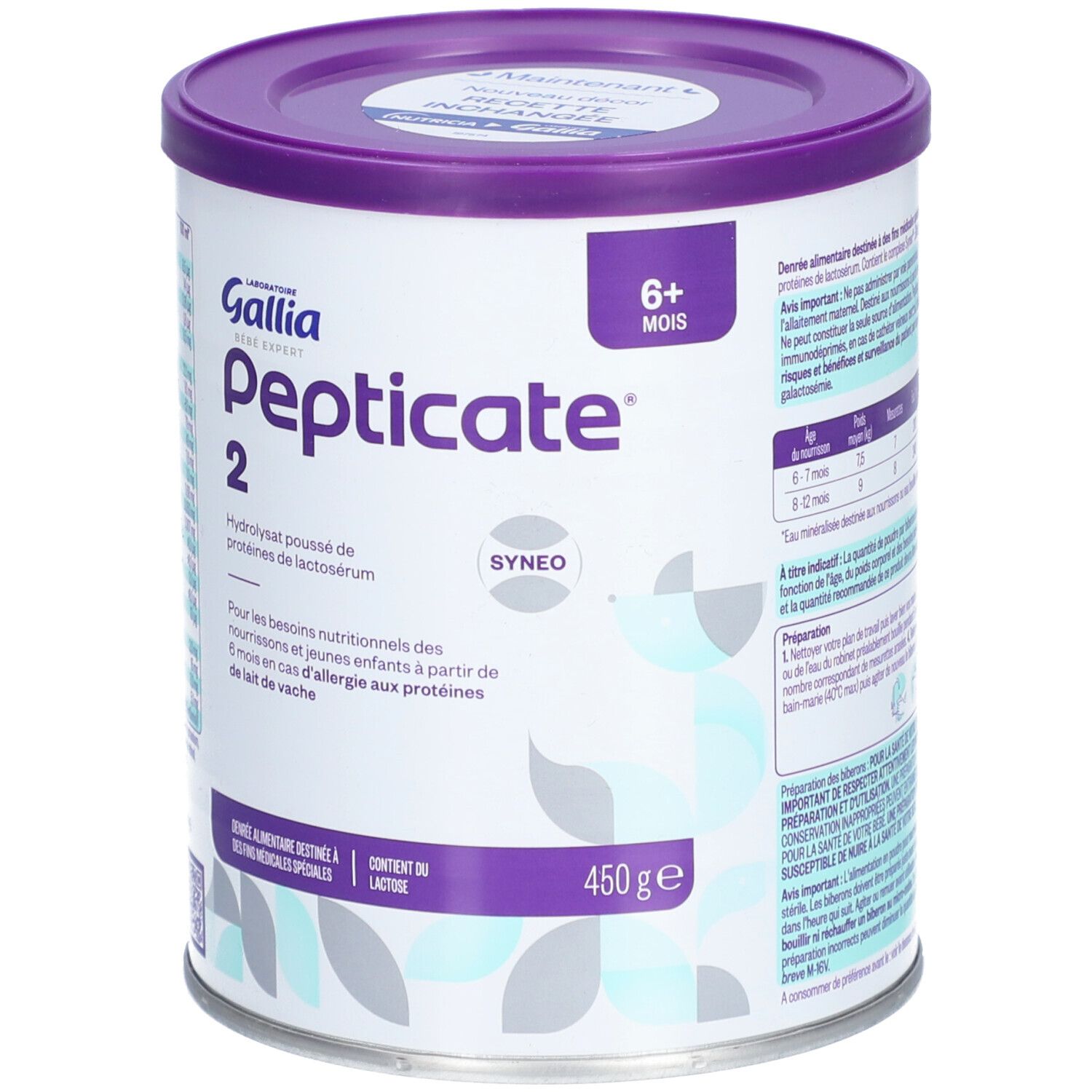 Boîte de lait infantile Gallia Pepticate 2, 6+ mois. Aliment en poudre à base d'hydrolysat de protéines. 450g.