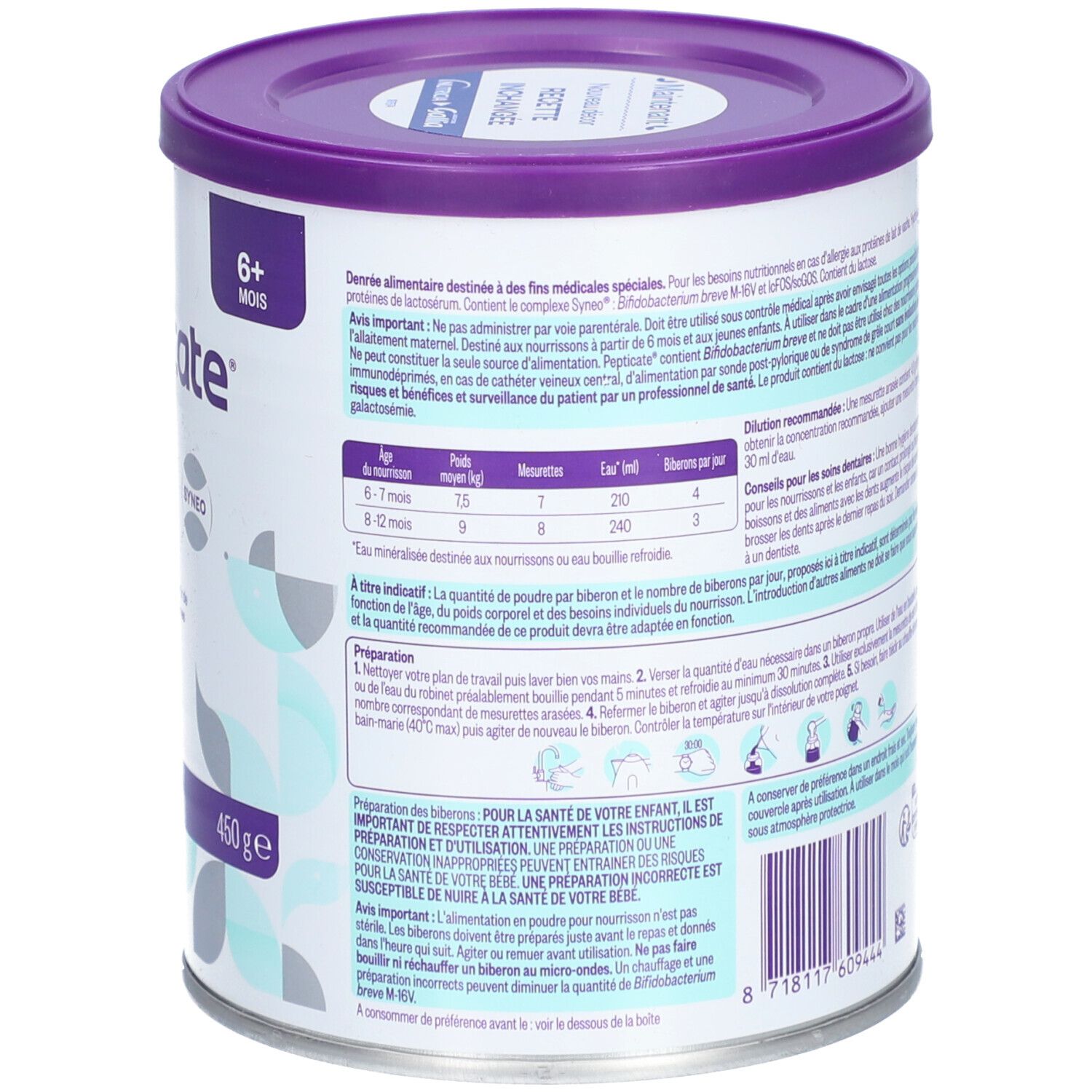 Dos de la boîte de lait infantile Gallia Pepticate 2. Instructions, dosage et avertissements. 450g.