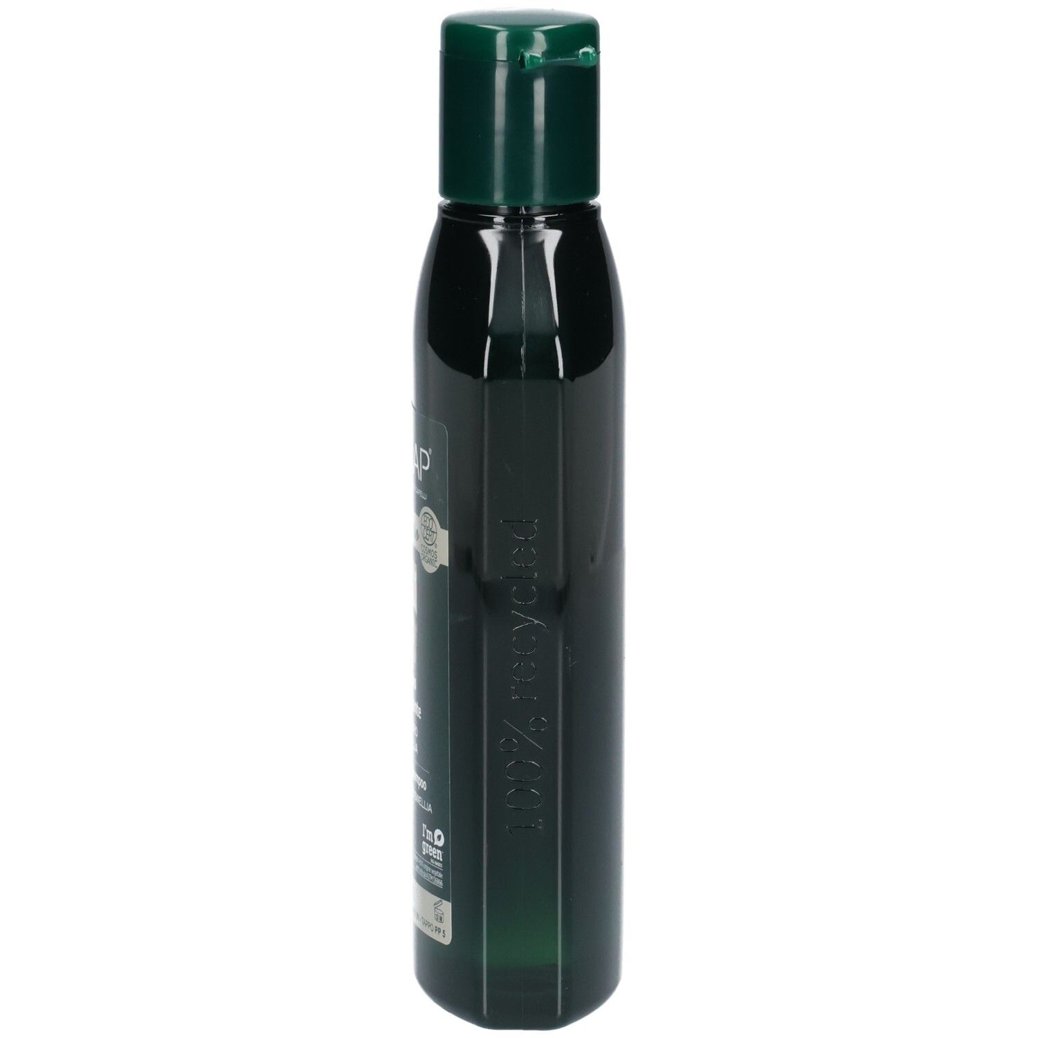 Flacon de shampooing vert avec bouchon vert. Inscription BIOKAP.