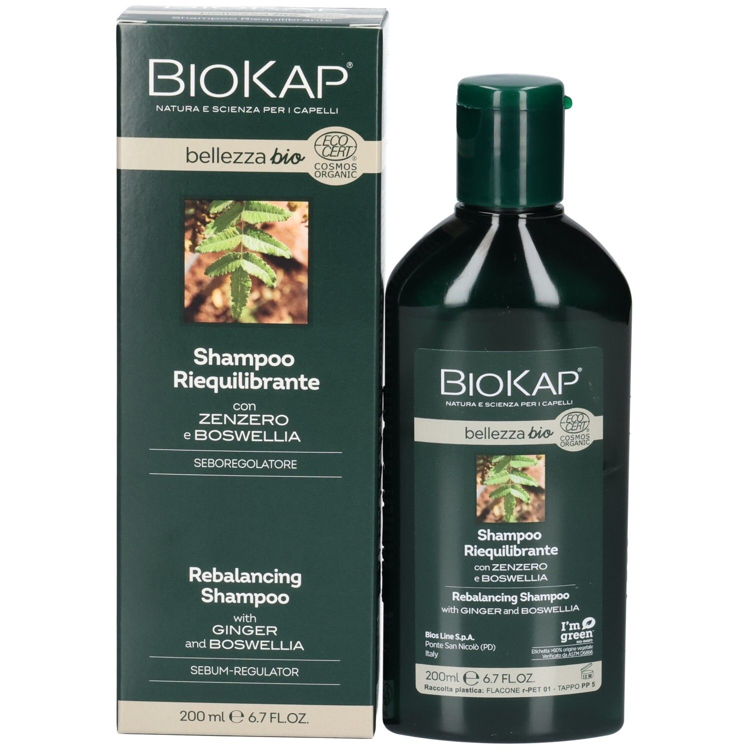 Flacon et carton de shampooing BIOKAP. Inscription: bellezza bio, Shampoo Riequilibrante, avec gingembre et boswellia. Bouchon vert.