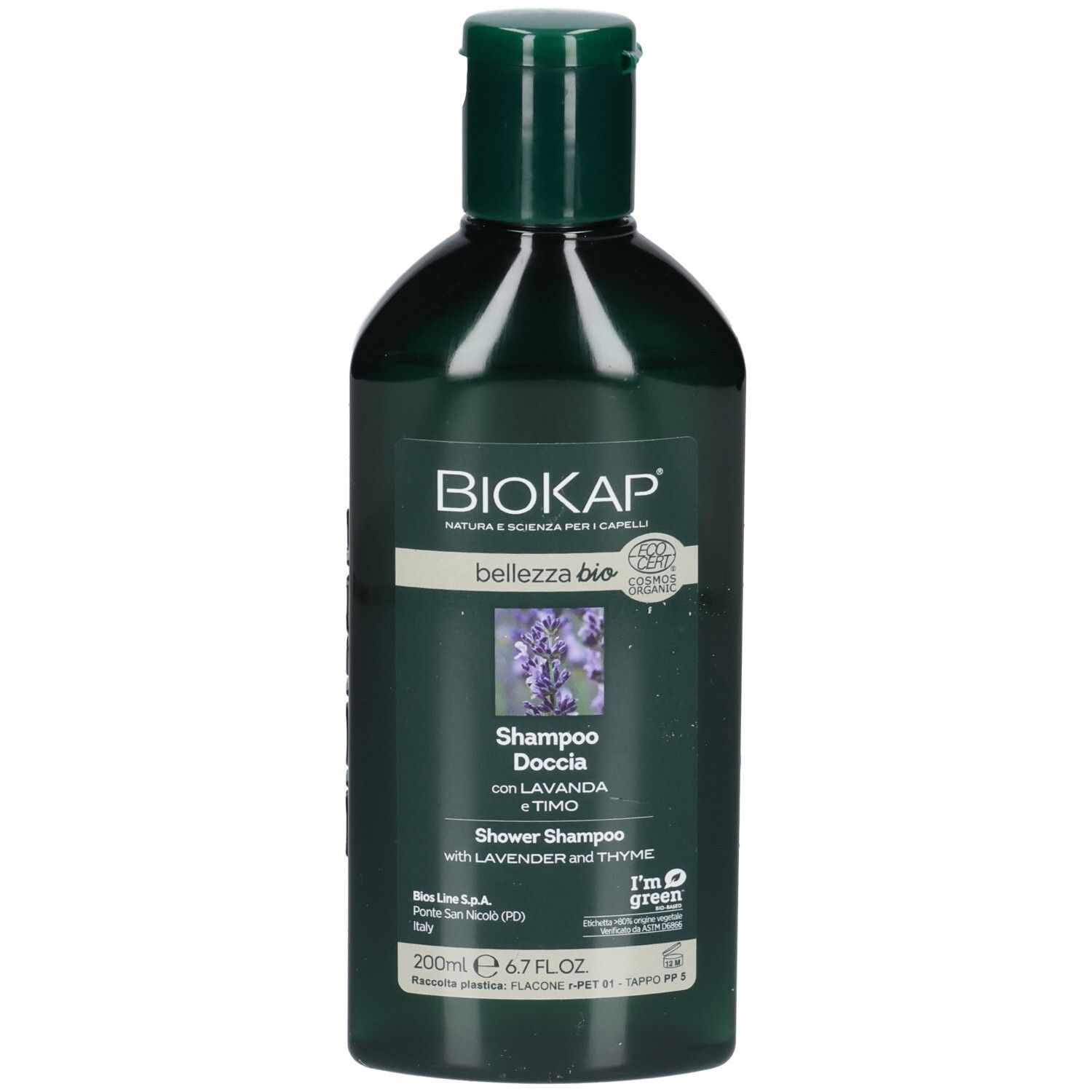 Flacon vert avec bouchon foncé. Inscription BIOKAP, bellezza bio, Shampoo Doccia con Lavanda e Timo. Avec lavande et thym.