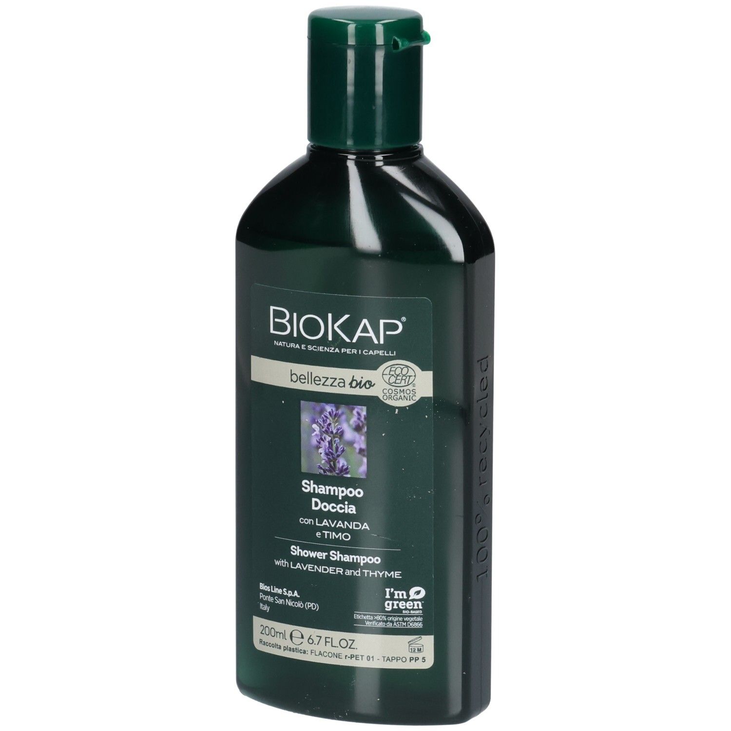 Flacon vert foncé avec bouchon vert. Inscription BIOKAP, bellezza bio, Shampoo Doccia con Lavanda e Timo. Avec lavande et thym.
