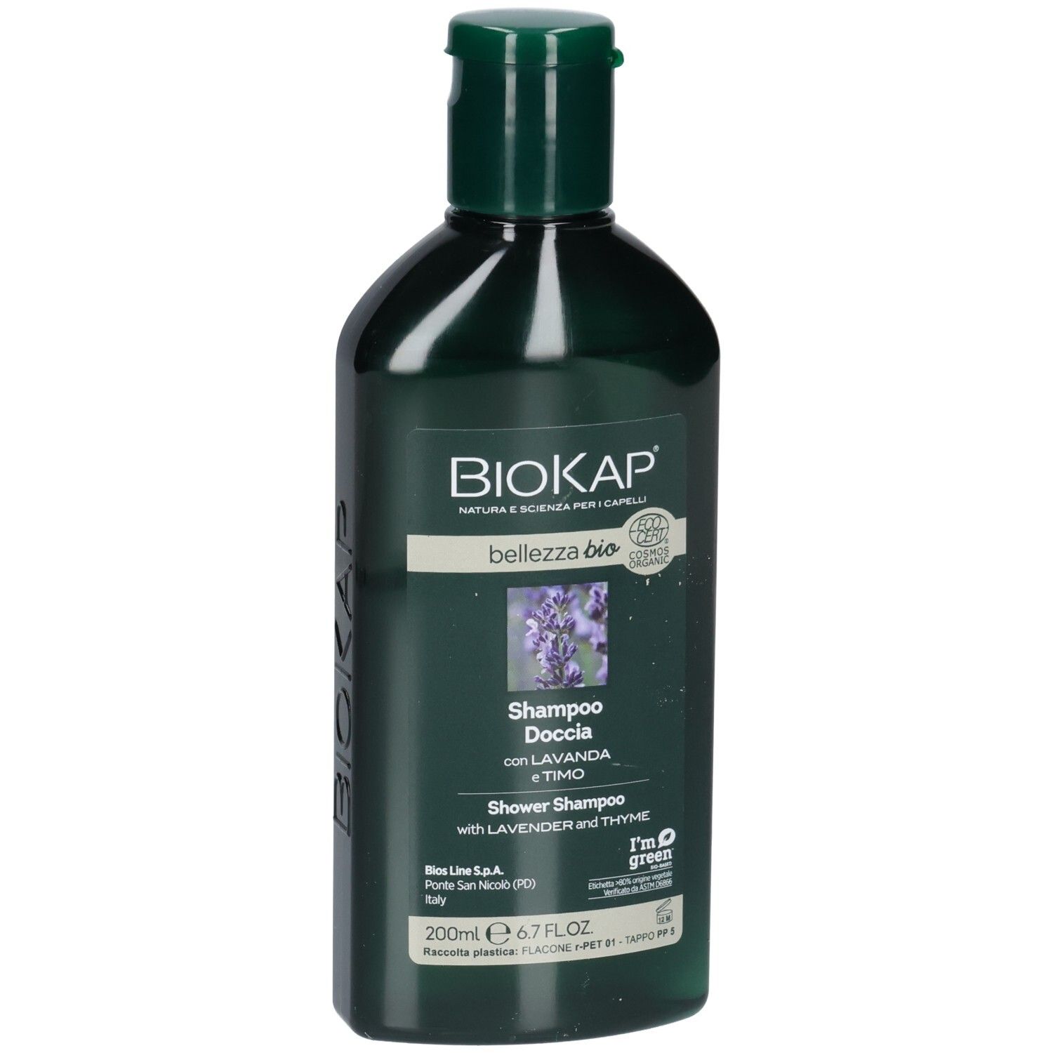 Flacon vert foncé avec bouchon vert. Inscription BIOKAP, bellezza bio, Shampoo Doccia con Lavanda e Timo. Avec lavande et thym.