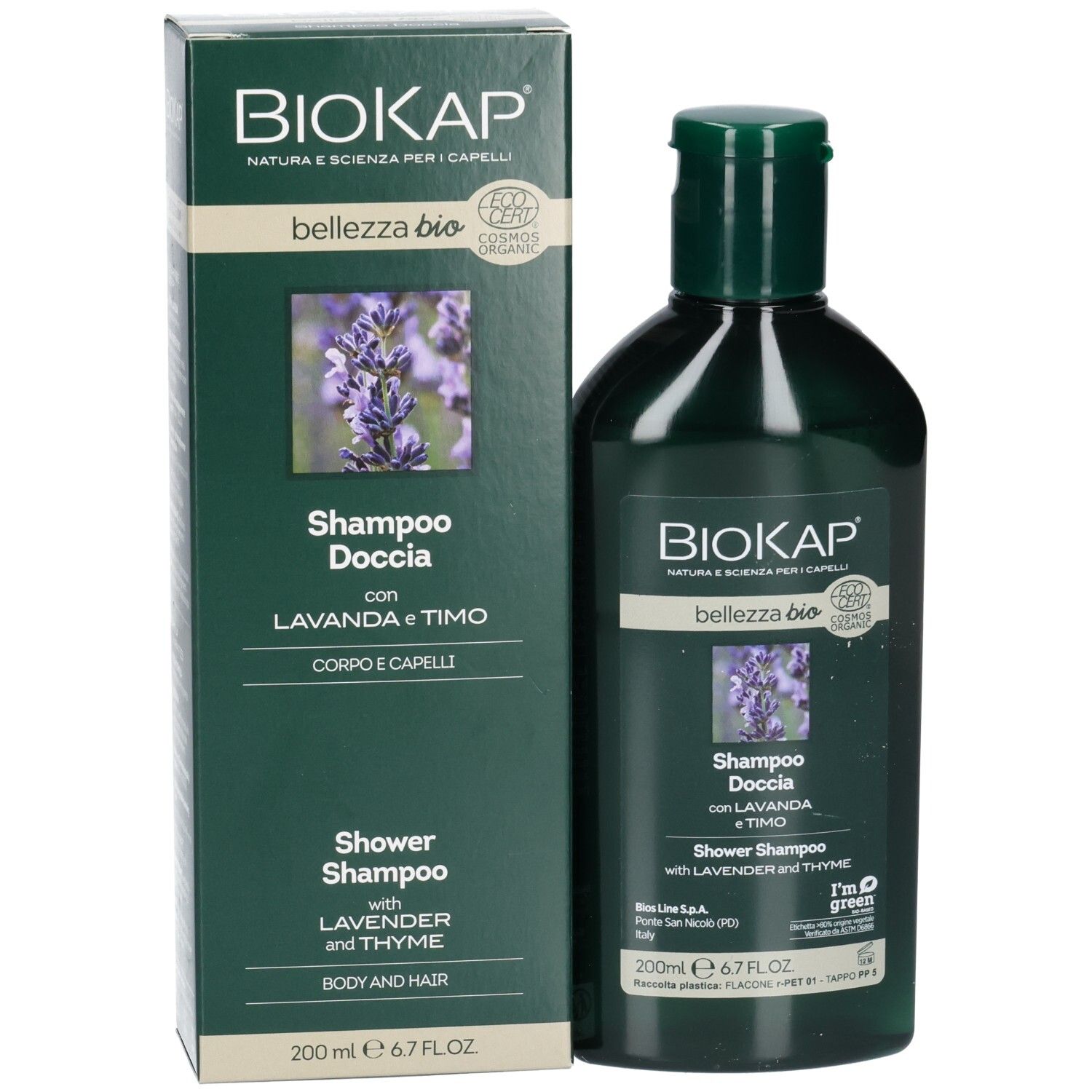 Emballage du produit avec flacon et boîte. Inscription BIOKAP, bellezza bio, Shampoo Doccia con Lavanda e Timo. Avec lavande et thym.