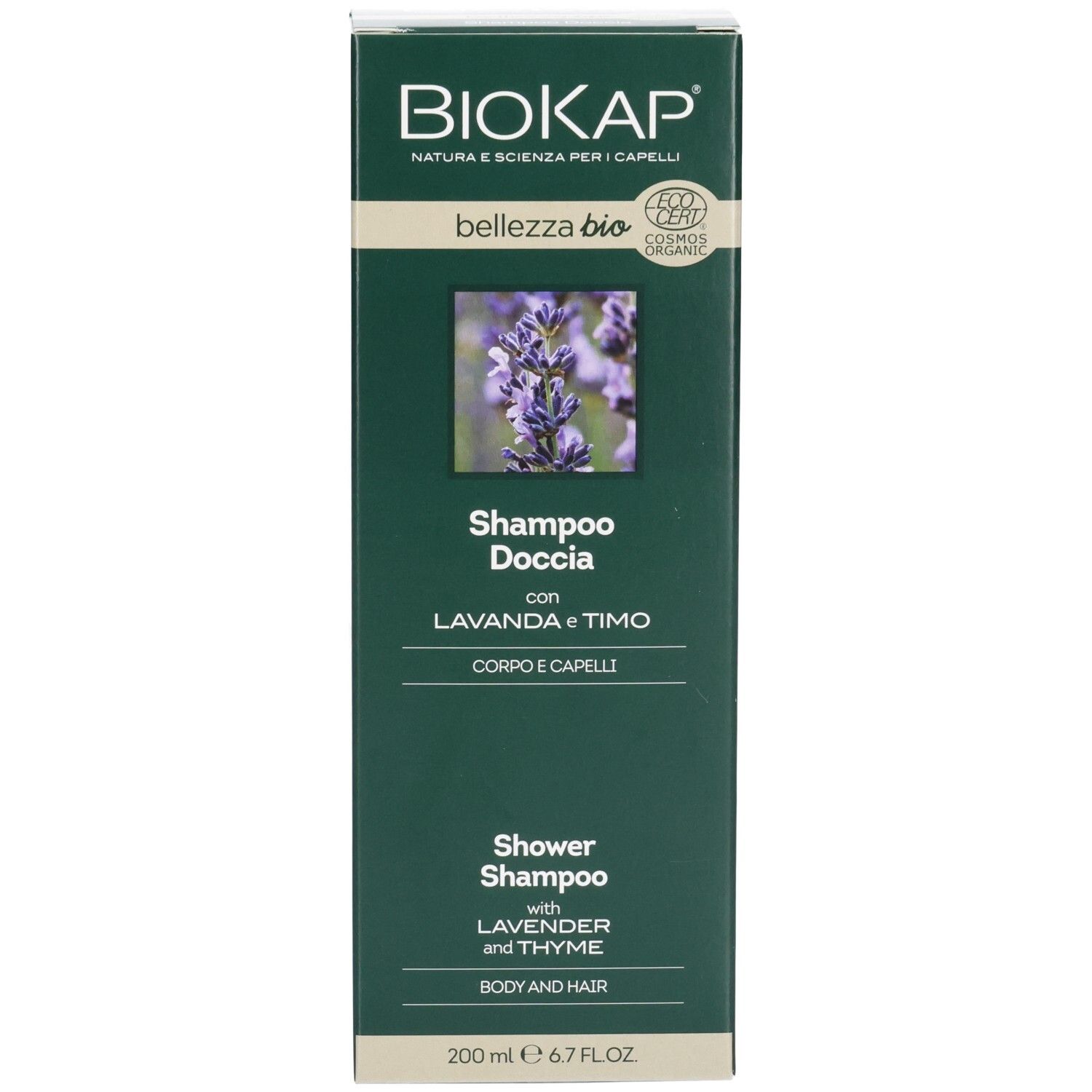 Emballage du produit. Inscription BIOKAP, bellezza bio, Shampoo Doccia con Lavanda e Timo. Avec lavande et thym. Boîte.