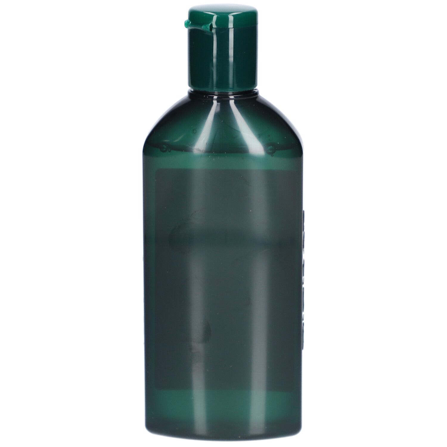 Bouteille de shampooing verte avec bouchon vert. Aucune information sur le produit visible. Liquide transparent à l'intérieur.