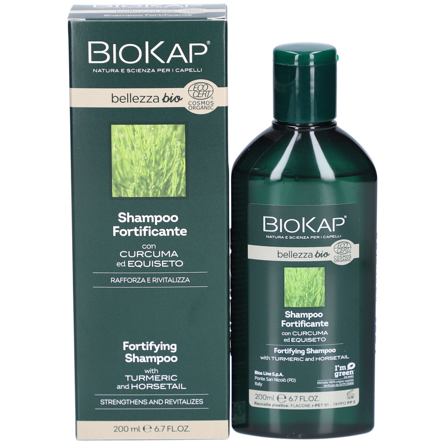 BIOKAP Shampooing Purifiant et emballage. Bouteille et carton avec informations produit. Vert et blanc. Texte: Shampoo Fortificante.