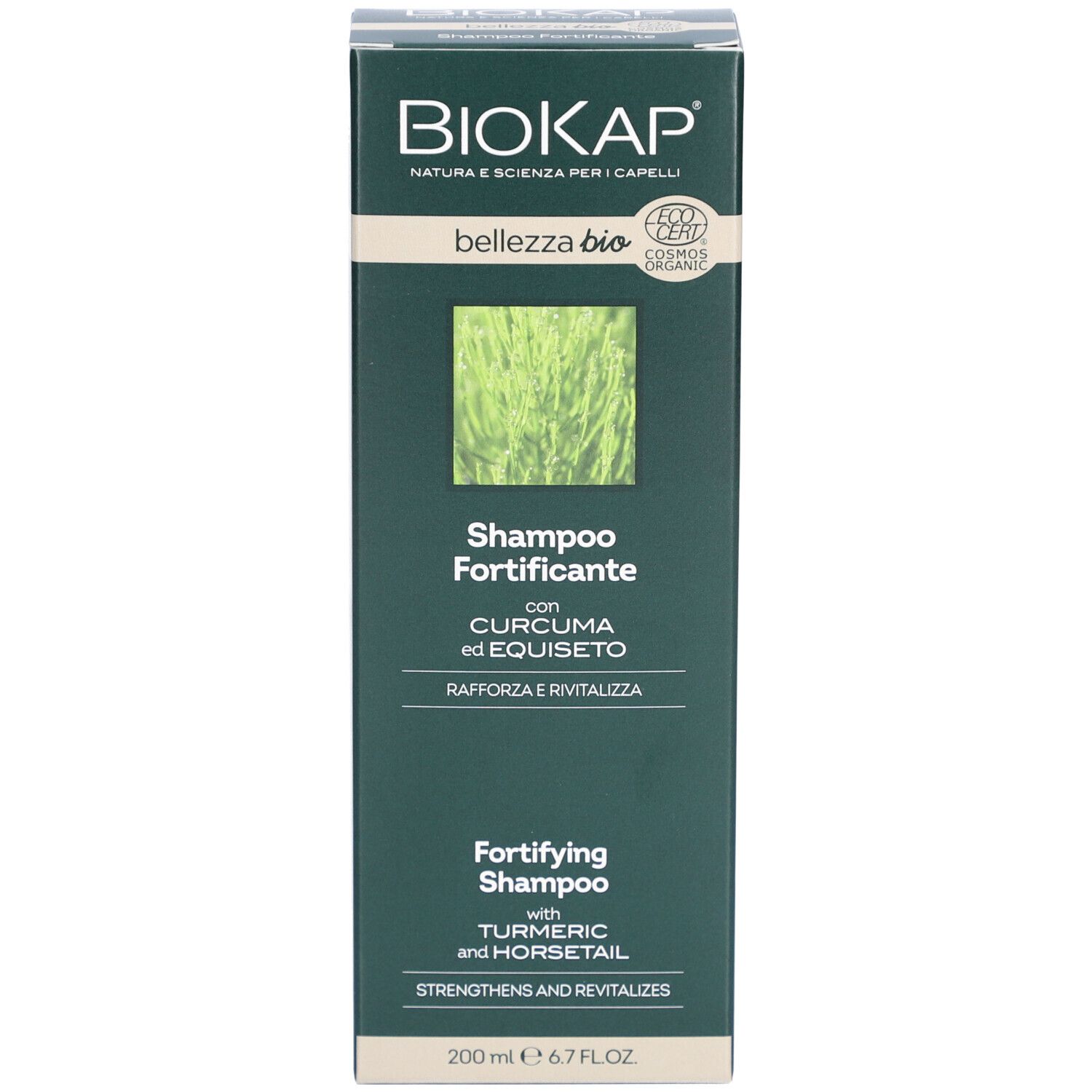 Emballage BIOKAP Shampooing Purifiant. Carton vert avec informations produit. Texte: Shampoo Fortificante. Fond blanc.