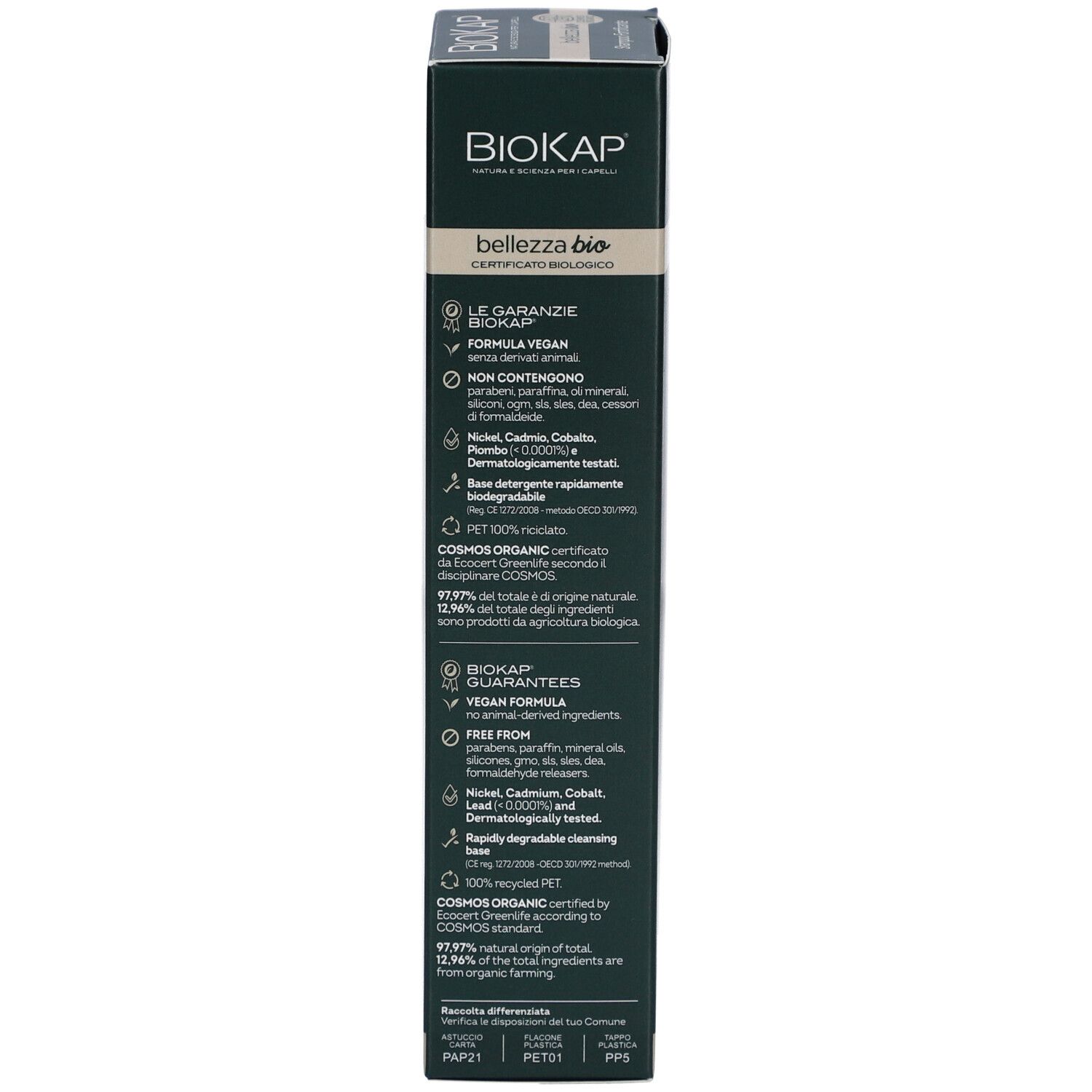 Emballage BIOKAP Shampooing Purifiant. Côté du carton avec informations produit. Texte en plusieurs langues. Fond blanc.