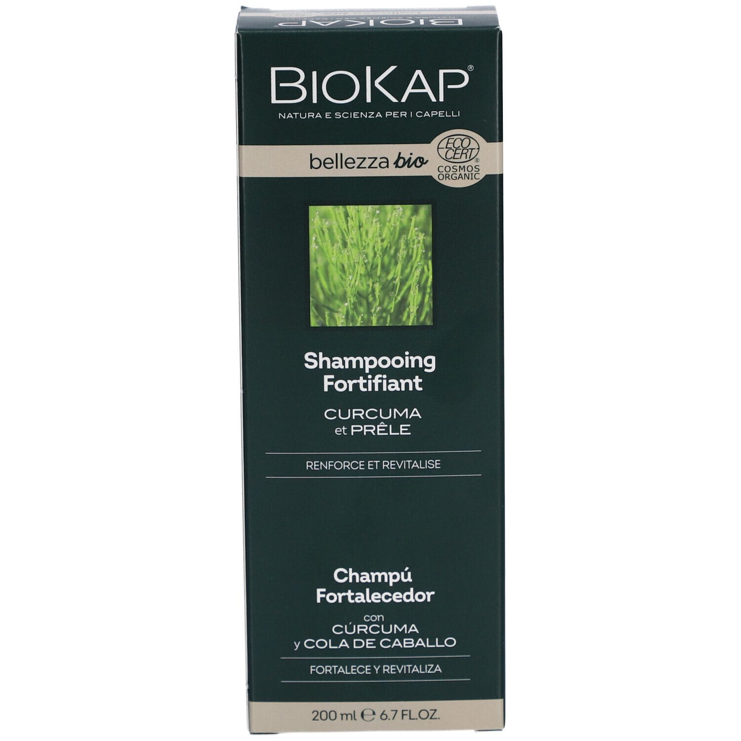 Emballage BIOKAP Shampooing Purifiant. Carton vert avec informations produit. Texte: Shampooing Fortifiant. Fond blanc.