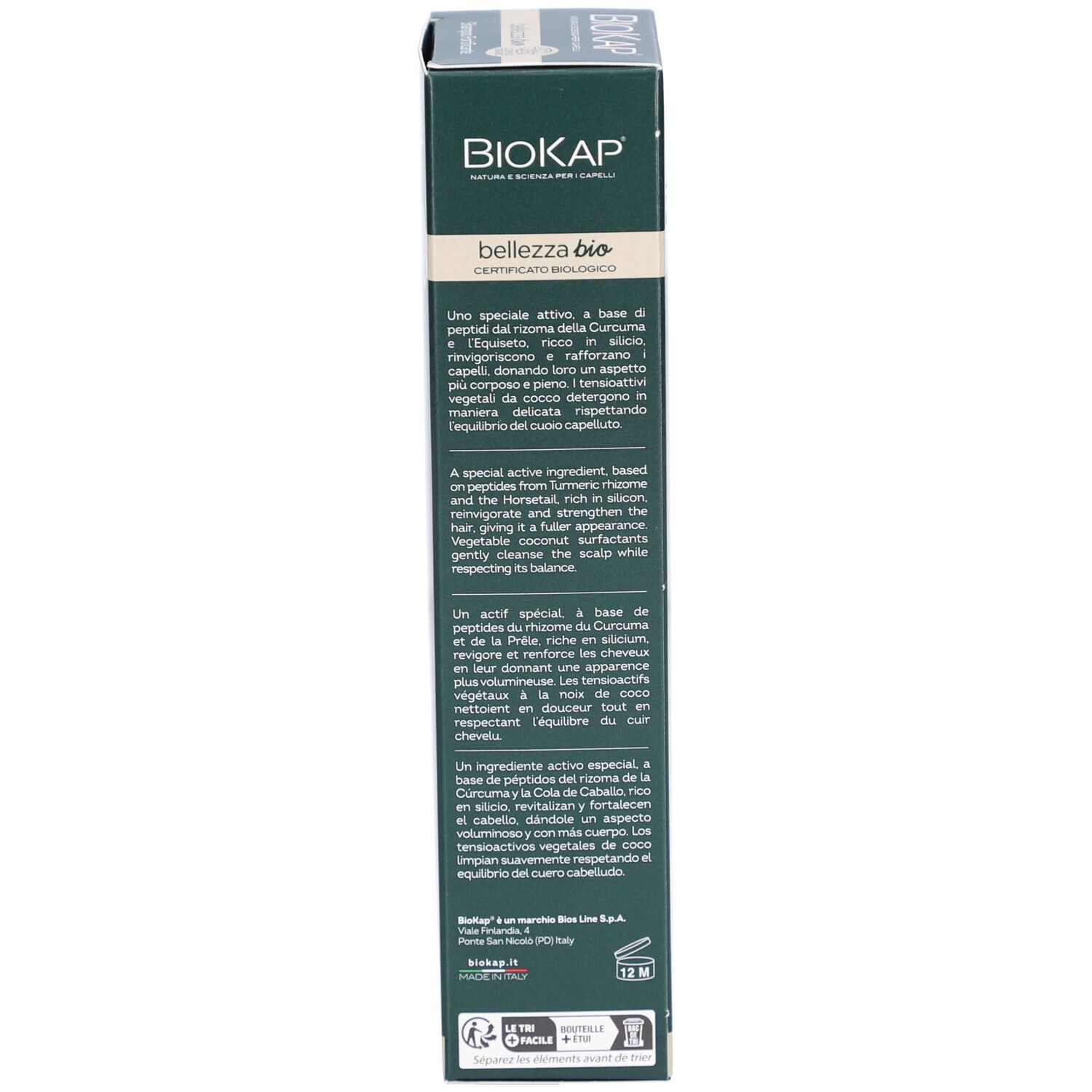 Emballage BIOKAP Shampooing Purifiant. Dos du carton avec informations produit. Texte en plusieurs langues. Fond blanc.