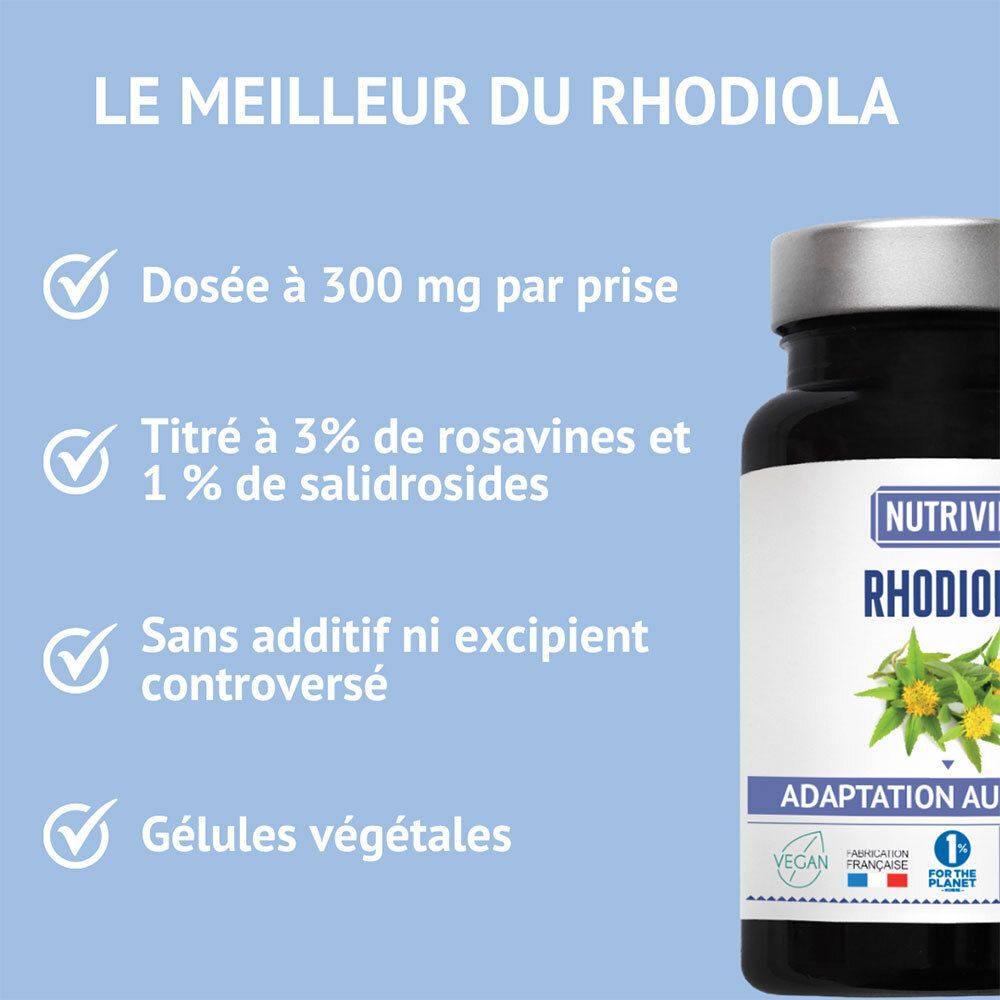 Flacon Nutrivie Rhodiola avec gros plan de l'étiquette montrant les détails de dosage.