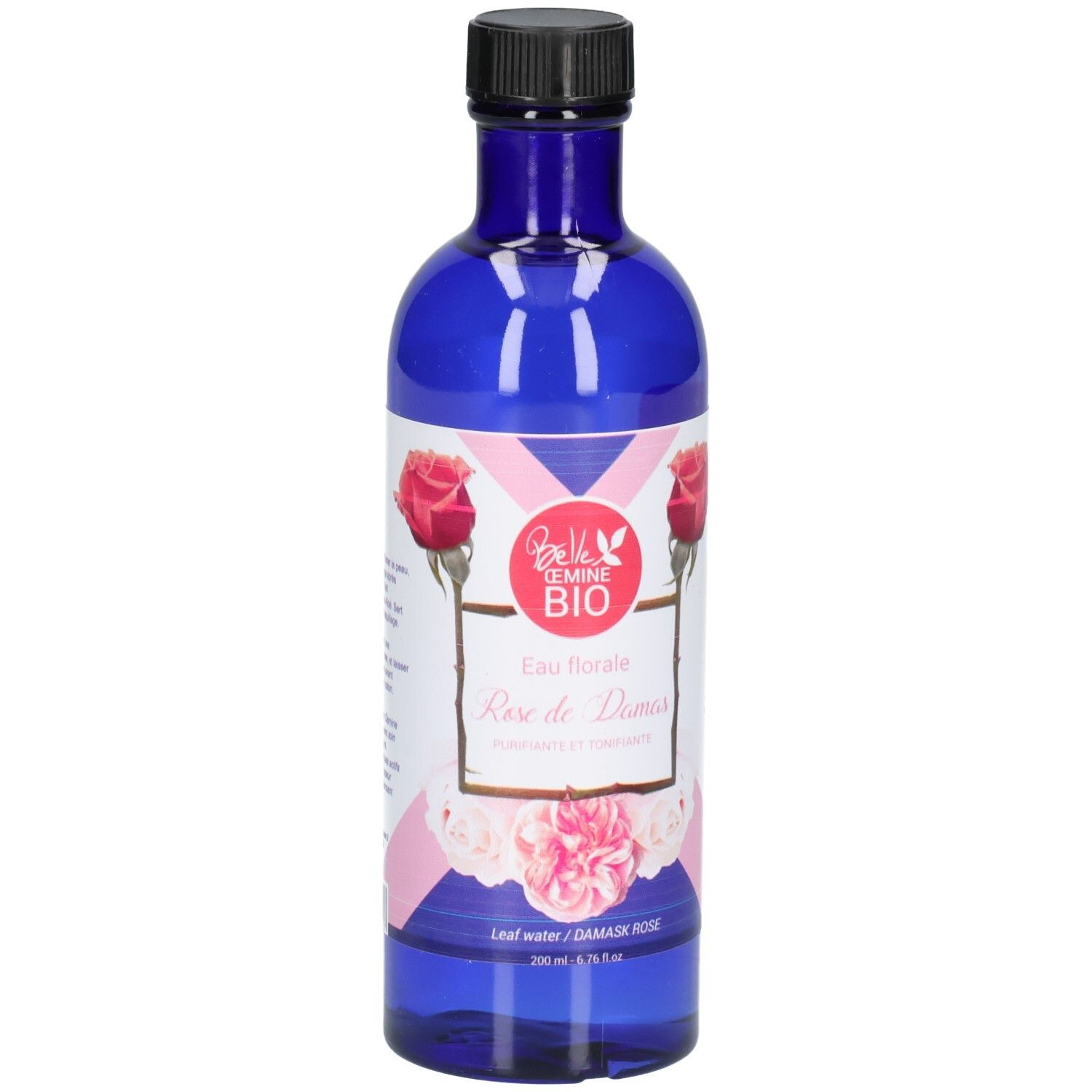 Bouteille en verre bleu avec bouchon noir, étiquette ornée de roses et informations produit.
