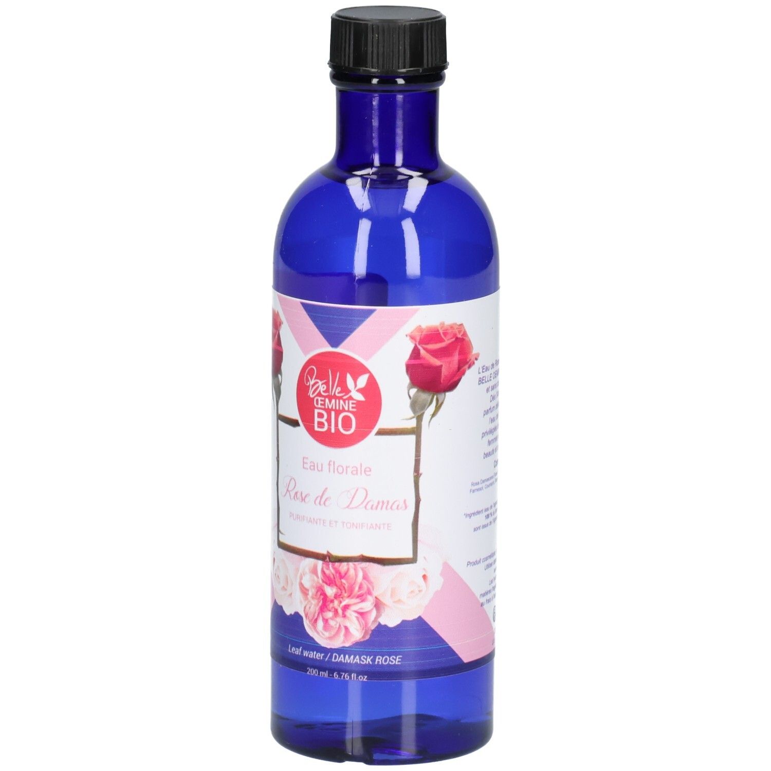 Bouteille en verre bleu avec bouchon noir, étiquette ornée de roses et informations produit.