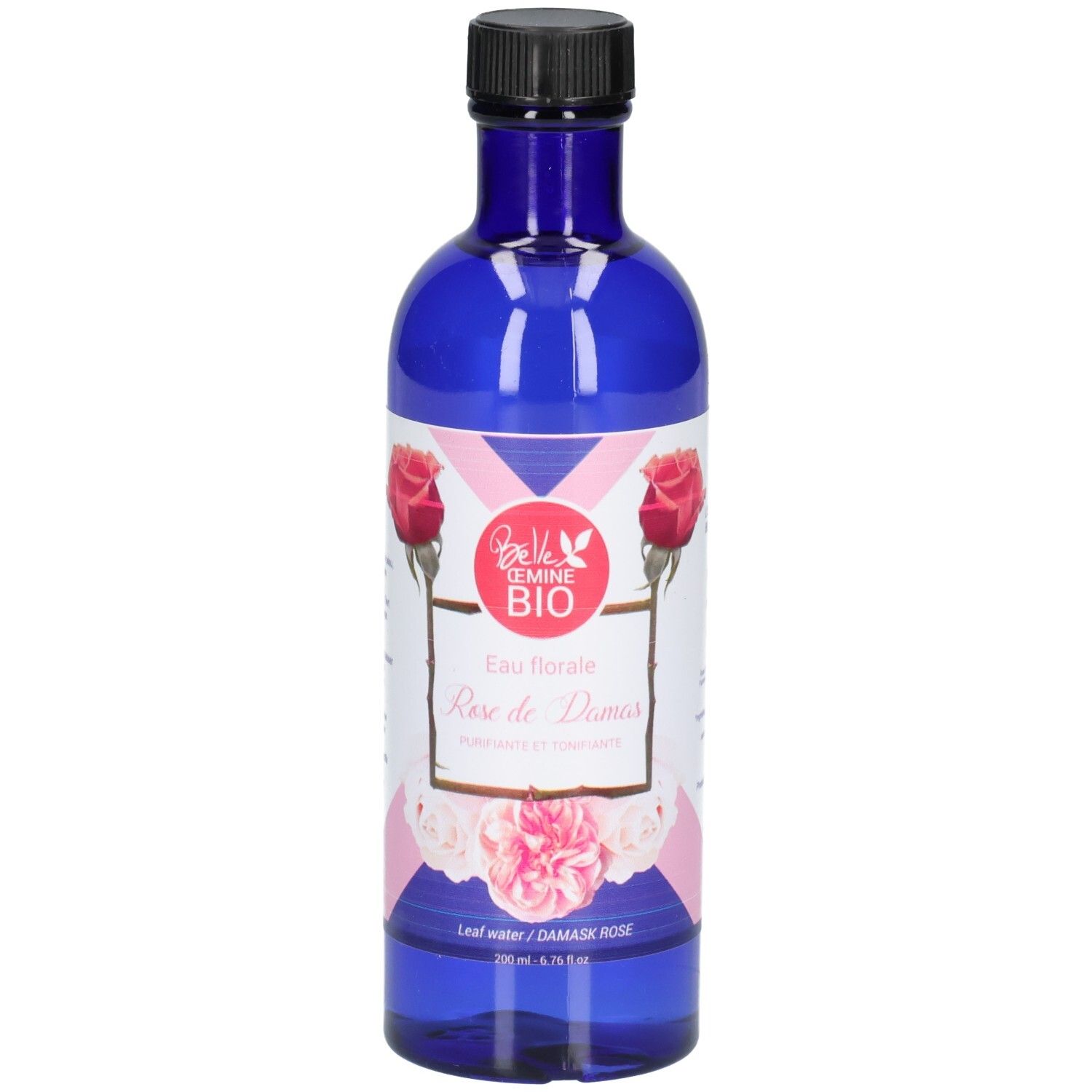 Bouteille en verre bleu avec bouchon noir, étiquette ornée de roses et informations produit.