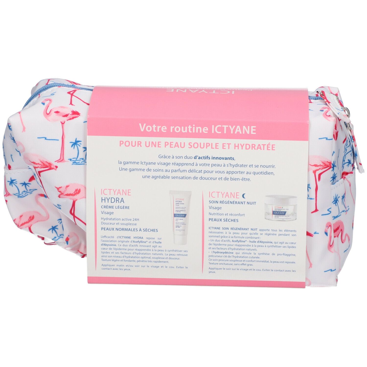 Trousse de toilette avec motif flamant rose et informations sur le produit. Inscription : Votre routine ICTYANE. Contient Hydra Crème et soin de nuit.