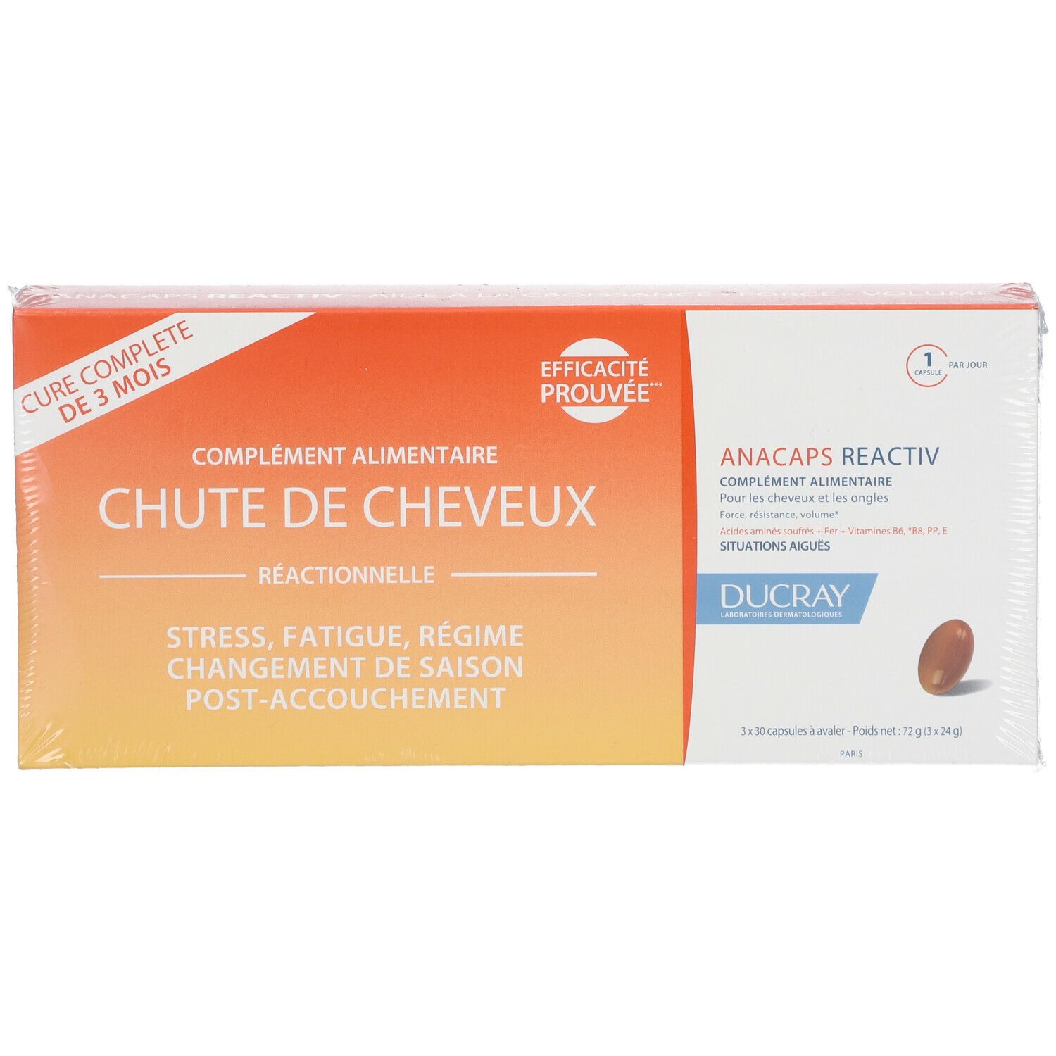 Boîte de complément alimentaire. Texte: CHUTE DE CHEVEUX, ANACAPS REACTIV, DUCRAY. Design orange et blanc. Illustration de gélule.