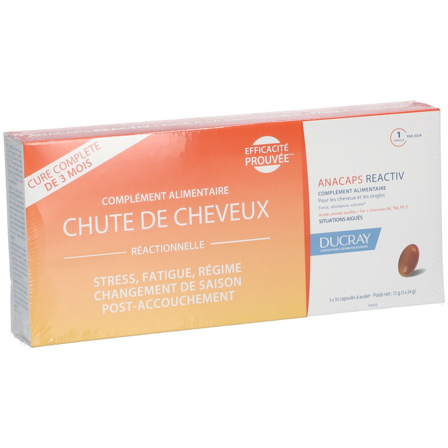 Boîte de complément alimentaire. Texte: CHUTE DE CHEVEUX, ANACAPS REACTIV, DUCRAY. Design orange et blanc. Illustration de gélule.