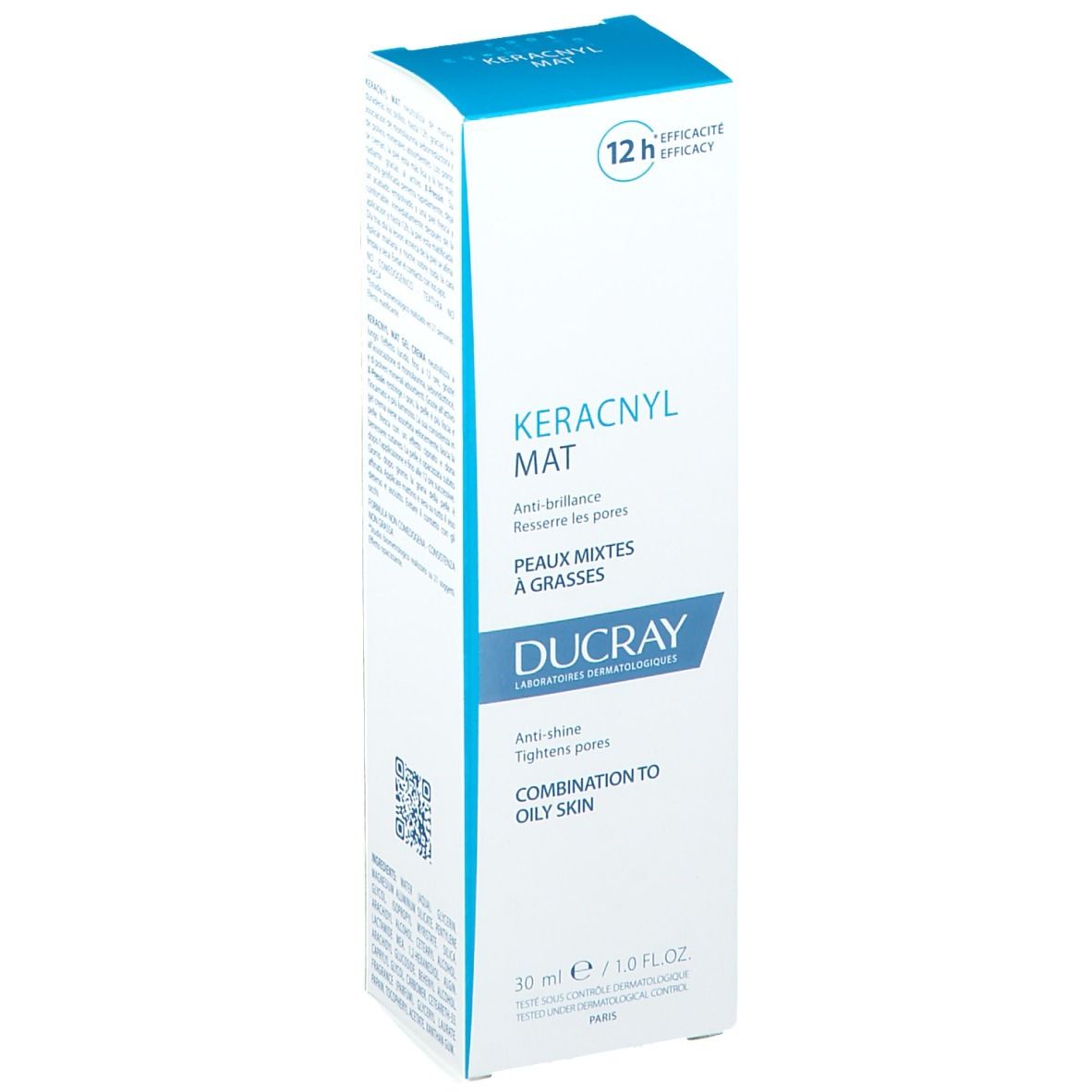 Boîte de Ducray KERACNYL MAT. Blanc et bleu. 30 ml. Texte en français.