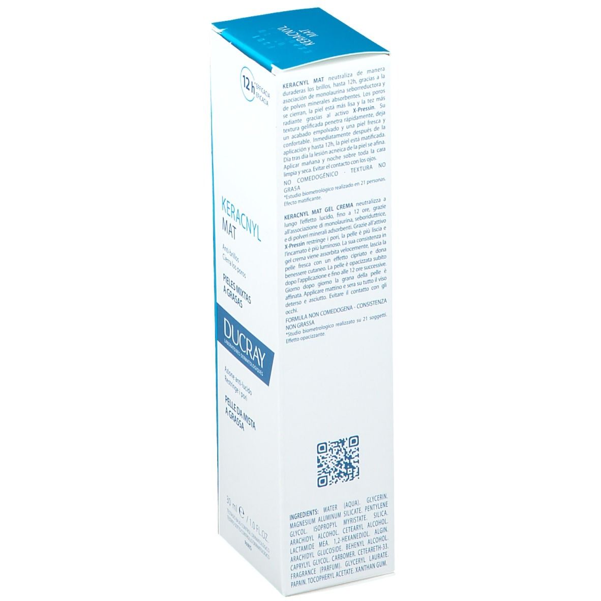 Boîte de Ducray KERACNYL MAT. Vue de face. 30 ml. Texte en français.