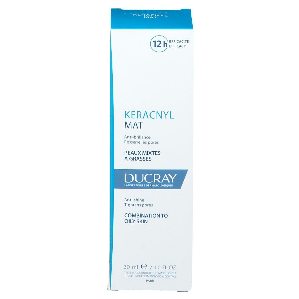 Boîte de Ducray KERACNYL MAT. Vue de face. 30 ml. Texte en italien.