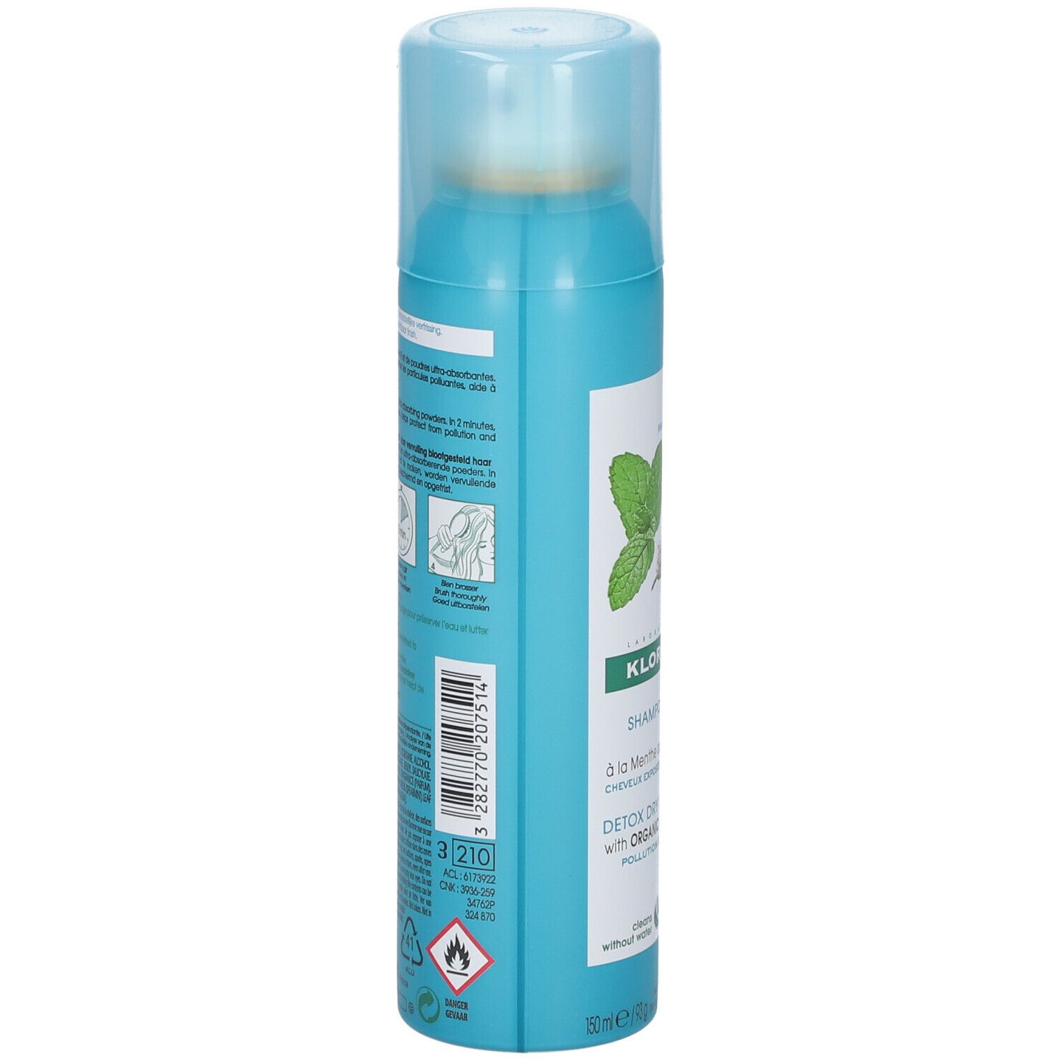 Dos du flacon spray turquoise avec informations produit et instructions d'utilisation.