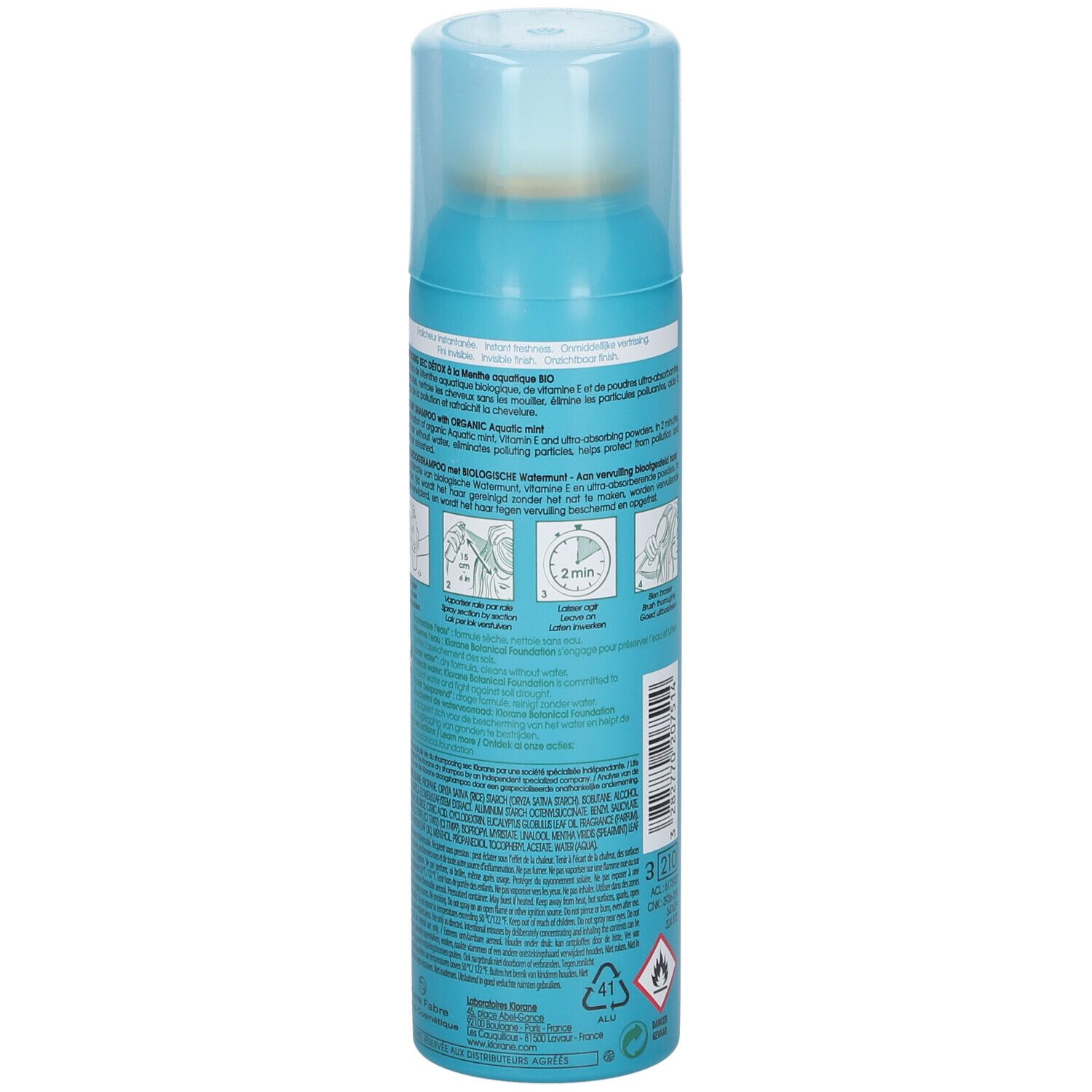Dos du flacon spray turquoise avec informations produit et instructions d'utilisation.