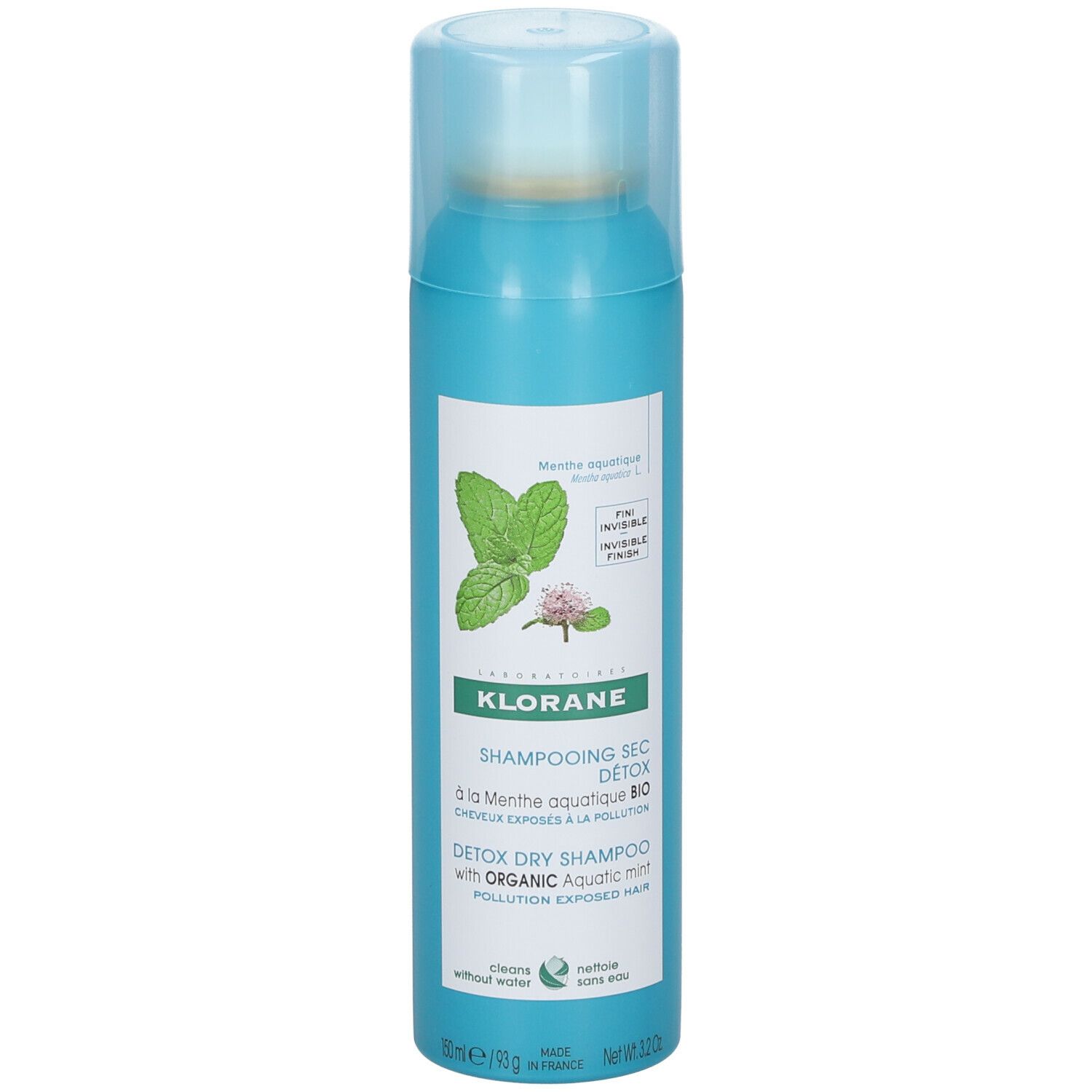Flacon spray turquoise avec informations produit et illustration de menthe. Shampooing sec.