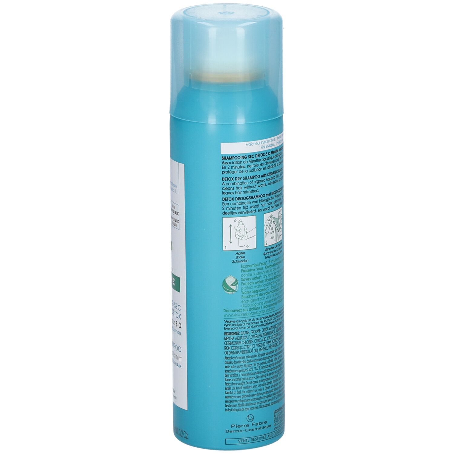Dos du flacon spray turquoise avec informations produit et instructions d'utilisation.