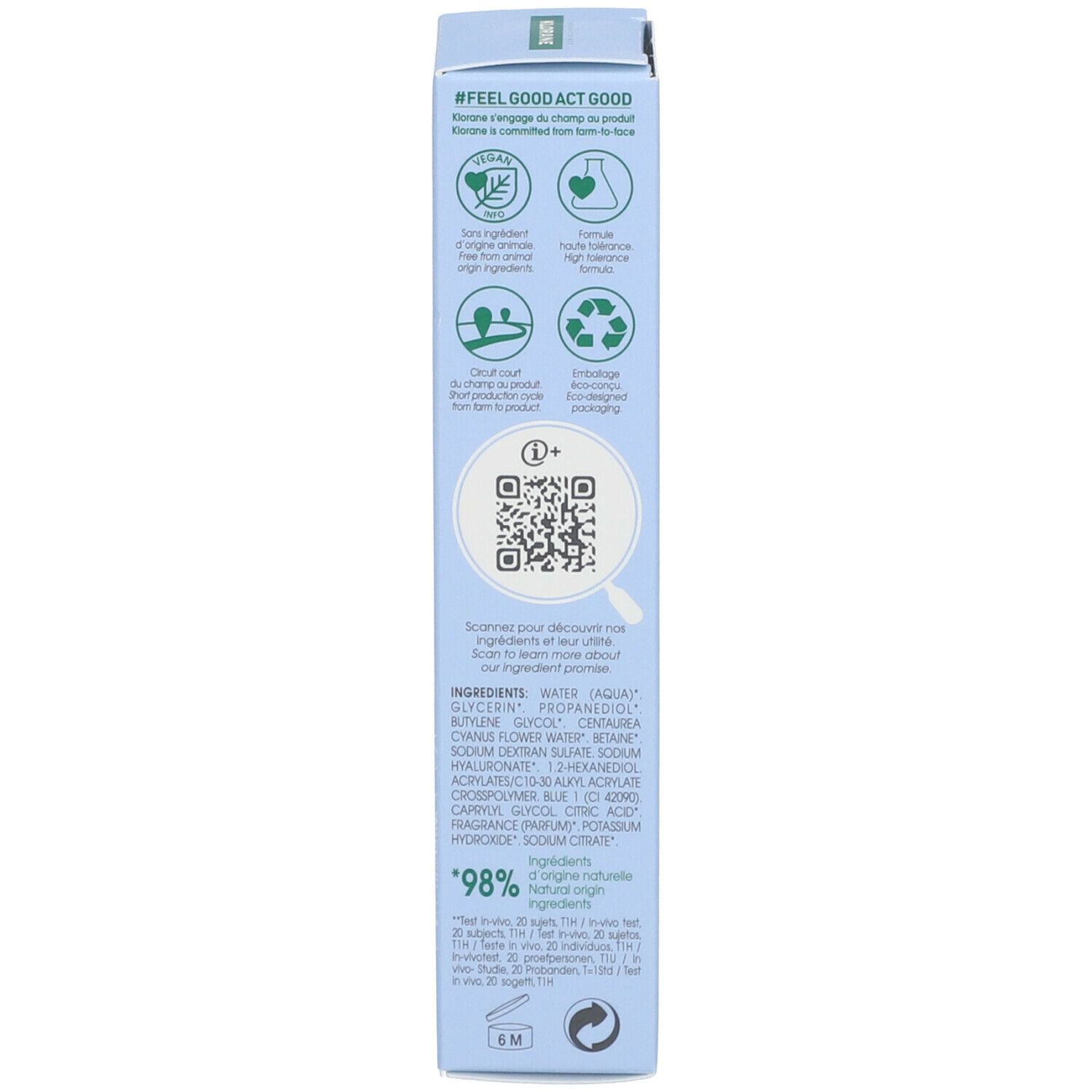 Dos de la boîte bleu clair. Texte en plusieurs langues. Contient des informations sur la Crème d'Eau de Bleuet.