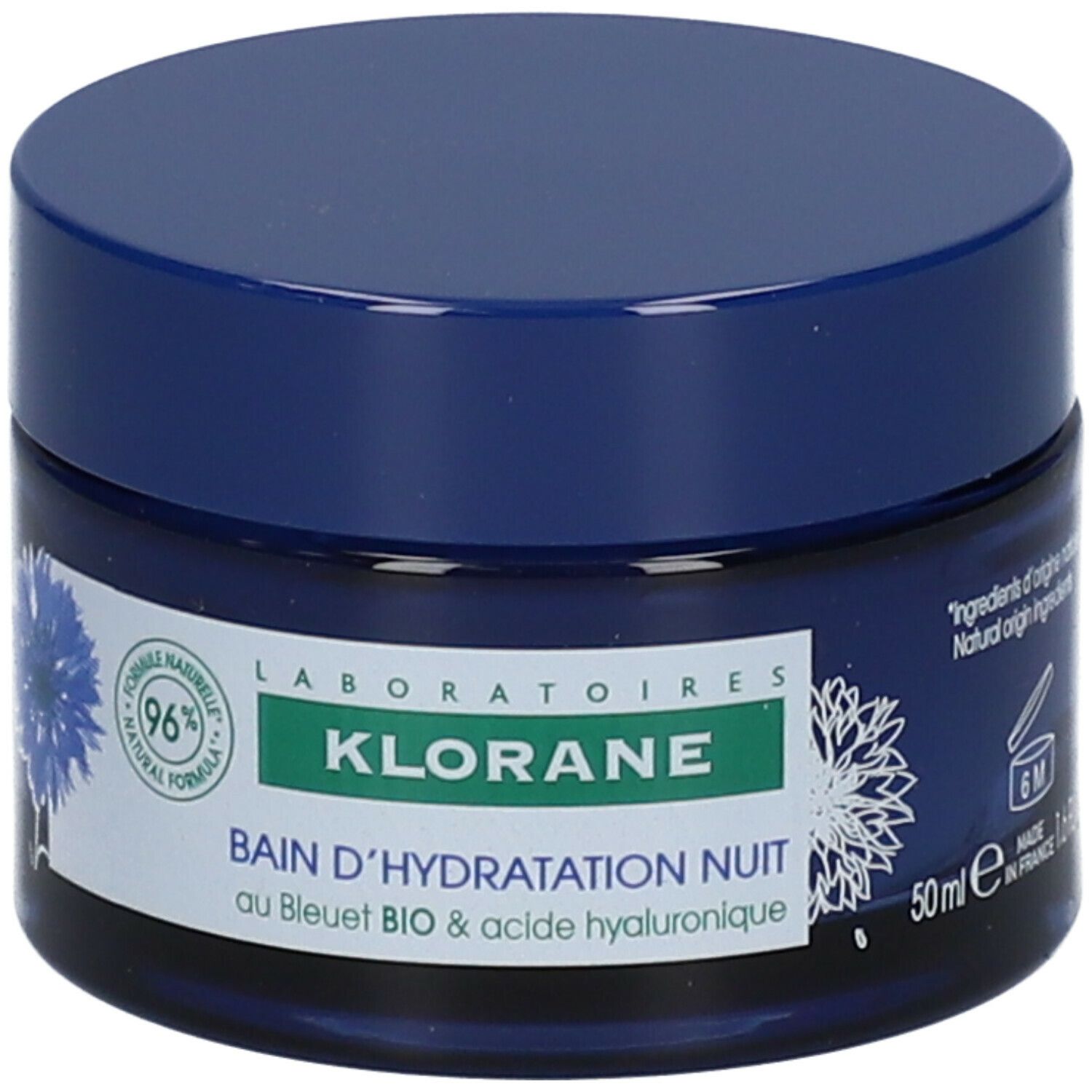 Pot bleu avec couvercle. Inscription: Klorane, Bain d'Hydratation Nuit. Motif bleuet. 50ml.