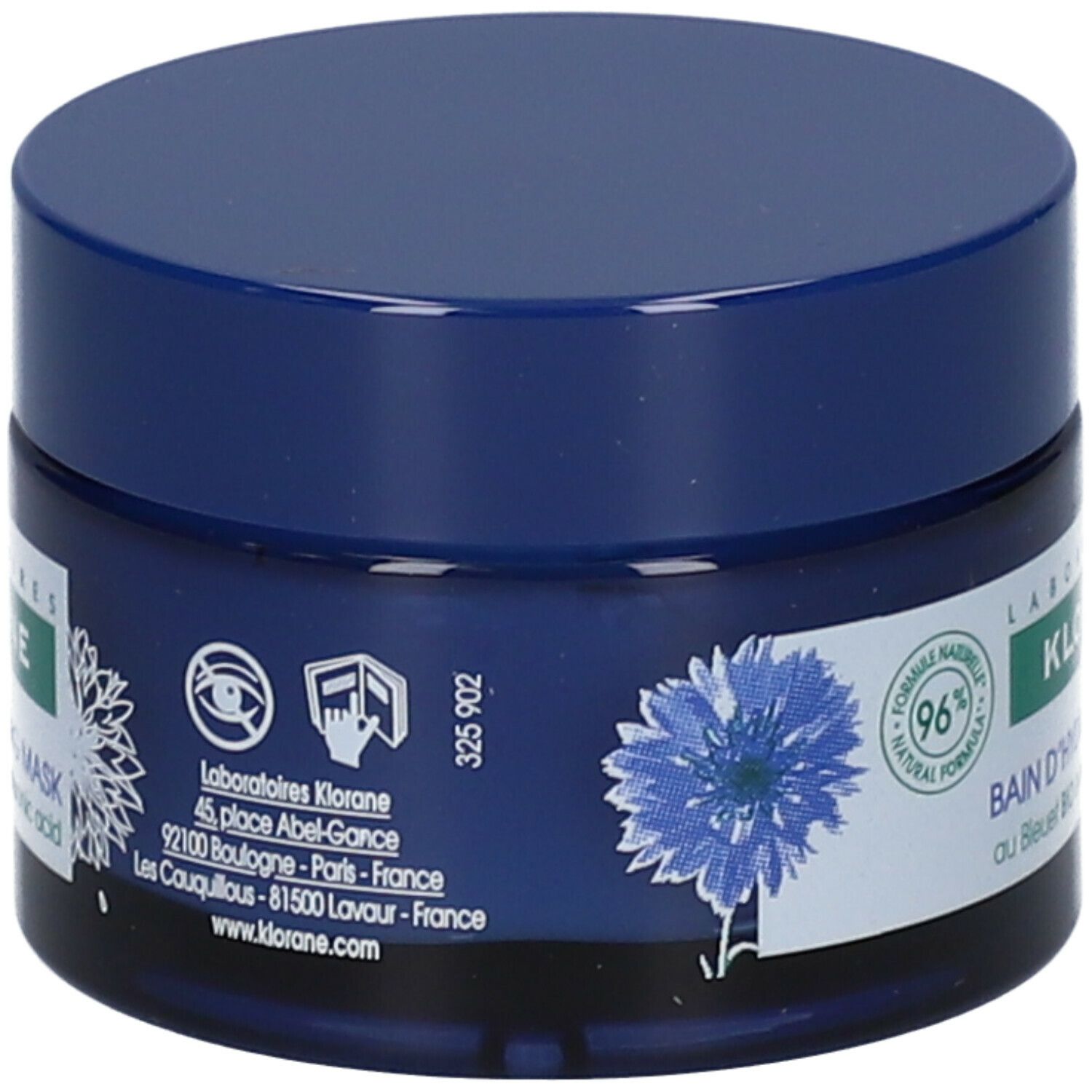 Pot bleu avec couvercle. Dos. Inscription: Klorane, Bain d'Hydratation Nuit. 50ml. Fabriqué en France.